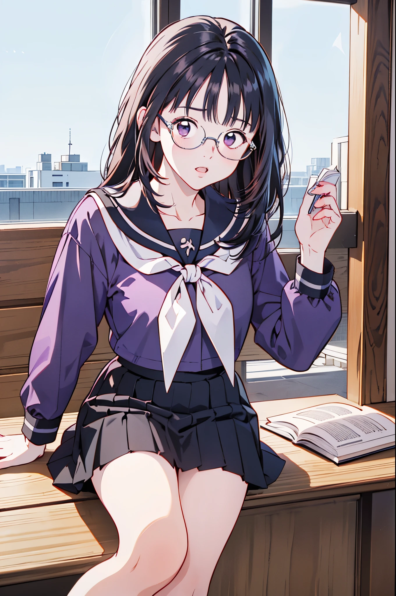 (8k、top-quality、​masterpiece:1.2)、(Realistic、Ultra-detailed、 super A high resolution 、beautiful詳細な顔, perfect body for a lawn,( 1 girl ,Long black hair),( school uniform, sailor suit ,Purple Shirt,navy skirt,White Thailand), Contrapost, clevis,in classroom, Portrait、 Libraries 、 reading a book、(( wear black glasses to capture  )),beautiful、