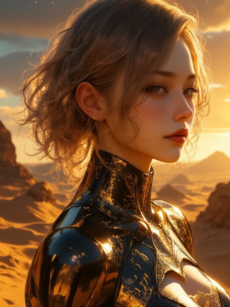 A cyborg woman with ethereal, almost translucent skin, adorned with subtle gold circuitry that mimics ancient runes. Her hair flows like liquid metal, softly illuminated by the distant glow of Mars' moons. She stands on a floating platform in a futuristic Martian metropolis, with dunes in the foreground casting long shadows under studio lights designed to mimic the soft, yellow Martian dusk, oil painting, ink artistic conception, hyper-realistic, depth of field, charming, ((fine facial features)), dramatic lighting, Realistic, highly detailed, masterpiece, 8k, Cinematic Composition, dark moody vibe, Dramatic Shadows, Intricate and elaborate pattern, 30 megapixel, chiaroscuro lighting, moody color palette, deep contrast, super real, real paint texture, A fusion of the styles of Katsuya Terada, Range Murata, Akiman and JUNNY