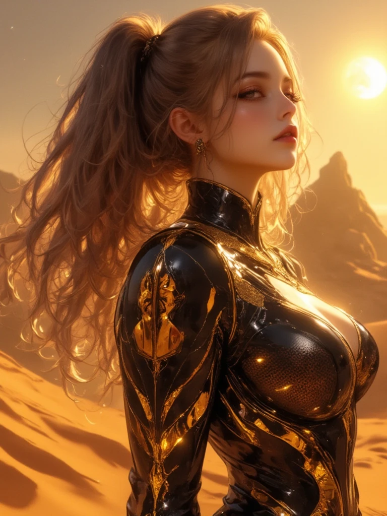 A cyborg woman with ethereal, almost translucent skin, adorned with subtle gold circuitry that mimics ancient runes. Her hair flows like liquid metal, softly illuminated by the distant glow of Mars' moons. She stands on a floating platform in a futuristic Martian metropolis, with dunes in the foreground casting long shadows under studio lights designed to mimic the soft, yellow Martian dusk, oil painting, ink artistic conception, hyper-realistic, depth of field, charming, ((fine facial features)), dramatic lighting, Realistic, highly detailed, masterpiece, 8k, Cinematic Composition, dark moody vibe, Dramatic Shadows, Intricate and elaborate pattern, 30 megapixel, chiaroscuro lighting, moody color palette, deep contrast, super real, real paint texture, A fusion of the styles of Katsuya Terada, Range Murata, Akiman and JUNNY