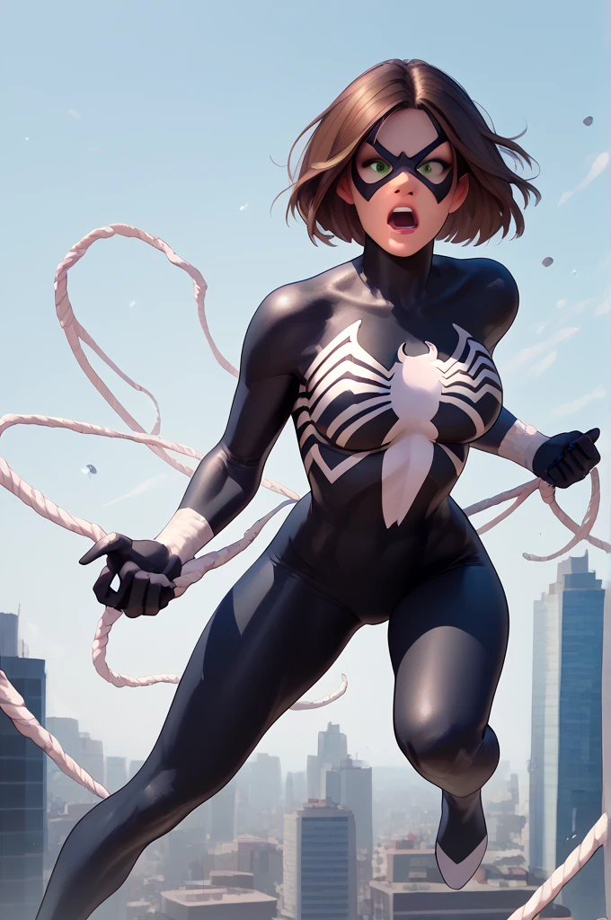 woman, short, brown straight side parted bob cut hair, green eyes, skin in black spiderman costume saving new york, grabbing onto welune(white rope), hand on webline(white rope), web slinging, web slinging stance, web slinging pose.