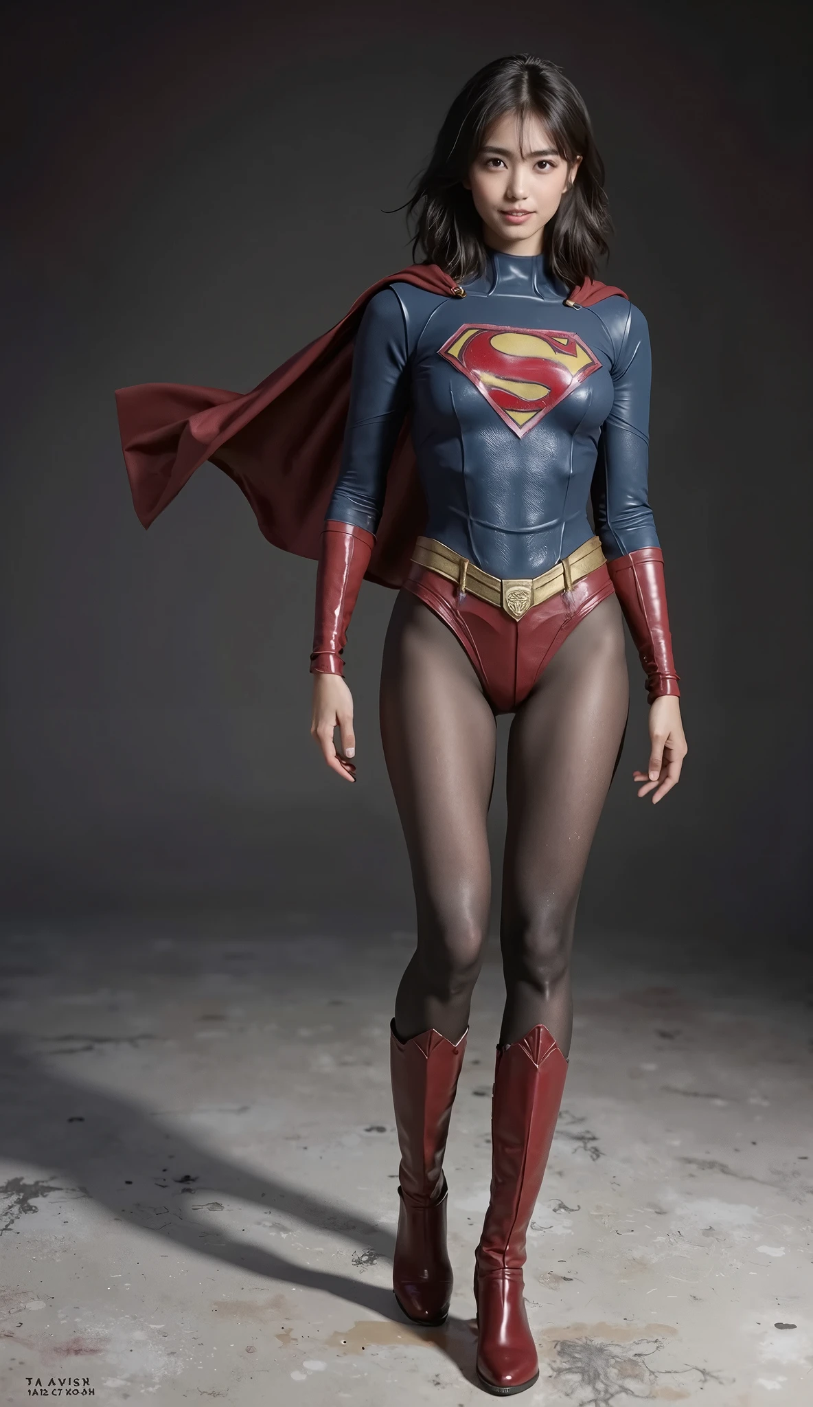 background 、((( Depicting beautiful legs in black tights .)))、((( Legally express the beauty of your smile )))、(((( Make the most of your own original image )))、((( supergirl costume that is backflipping )))、(((ボディにフィットした supergirl costume that is backflipping )))、(((Beautiful Hair)))、(((SMILE AND WINK )))、(((Please wear black tights....、Wear red boots)))、(( best quality、8k))、(( best quality、8k、masterpiece:1.3))、(((Save the background )))、 Strong concentration:1.2、 Beautiful woman with perfect figure sitting on tatami mat in traditional Japanese room :1.4、 slim abs :1.2、 wet body:1.5、 high-resolution face and skin texture 、8k
