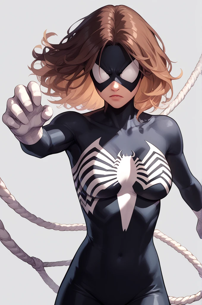 woman, short, brown straight side parted asymmetrical long mooth silky glossy hair, green eyes, skin in black spiderman costume with white accents saving new york, grabbing onto welune(white rope), hand on webline(white rope), web slinging, web slinging stance, web slinging pose. 2d anime style