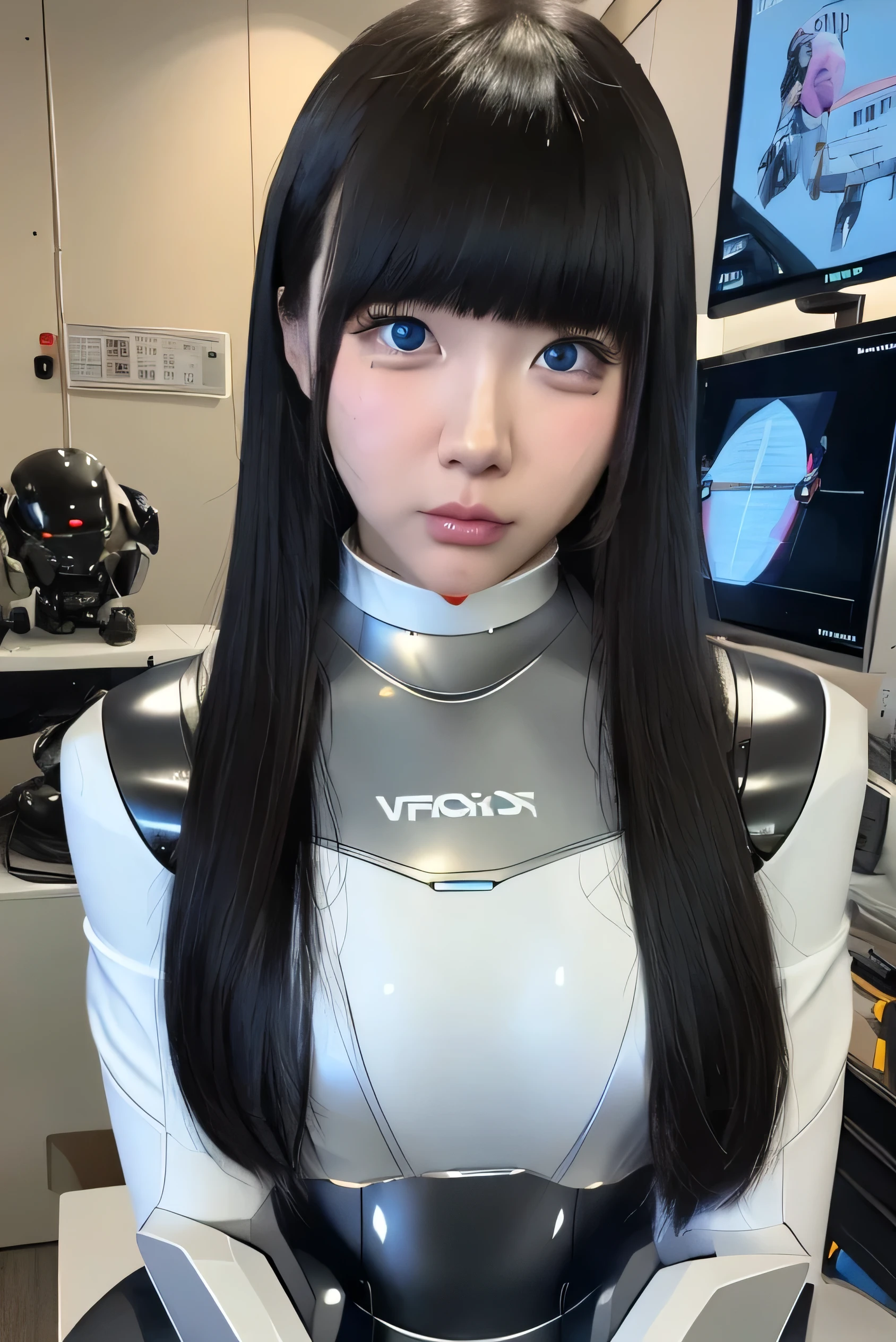 masterpiece, best quality, extremely detailed, Japaese android girl,portrait,Plump,a bit chubby,control panels,android,Droid,Mechanical Hand, Robot arms and legs, Black hair,Blunt bangs,perfect robot girl,long tube,thick cable connected her neck,android,robot,humanoid,cyborg,japanese cyborg girl ,robot-assembly plant,She is assembling now,assembly scene,blue eyes,chest monitor