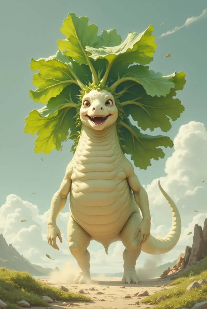 daikon, a dinosaur with leafy wings, unrealistic art, monster movie