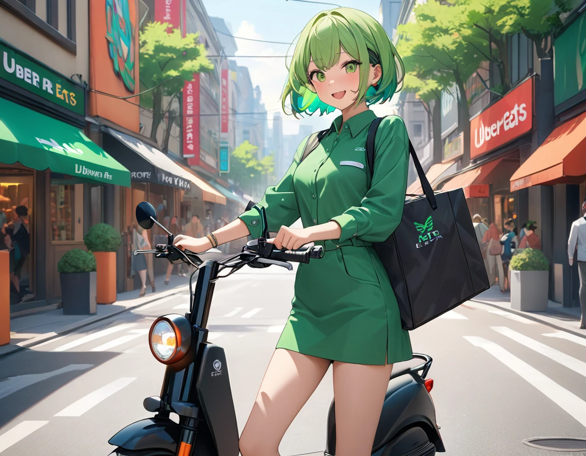 (((Best quality, 8k, Masterpiece: 1.3)), ((best quality)), ((masterpiece)), (detailed), perfect face, perfect body, (detailed skin:1.3), (intricate details), A young girl with short green hair, wearing a casual yet professional outfit suitable for a delivery person. She is riding a sleek, modern scooter in a vibrant urban setting. The girl carries a branded Uber Eats delivery bag on her back, and her expression is cheerful and determined, as if she's focused on her next delivery. The street around her is lively, with colorful signs, trees, and people walking by. The atmosphere is dynamic, evoking the hustle and bustle of city life during the daytime.