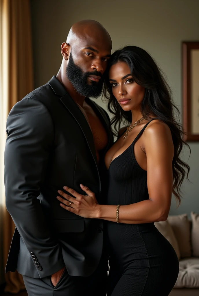 1 very classy and sexy 53 year old woman in a formal gray suit((53 ans))she is accompanied by 1 elegant athletic African American man of 53 years old