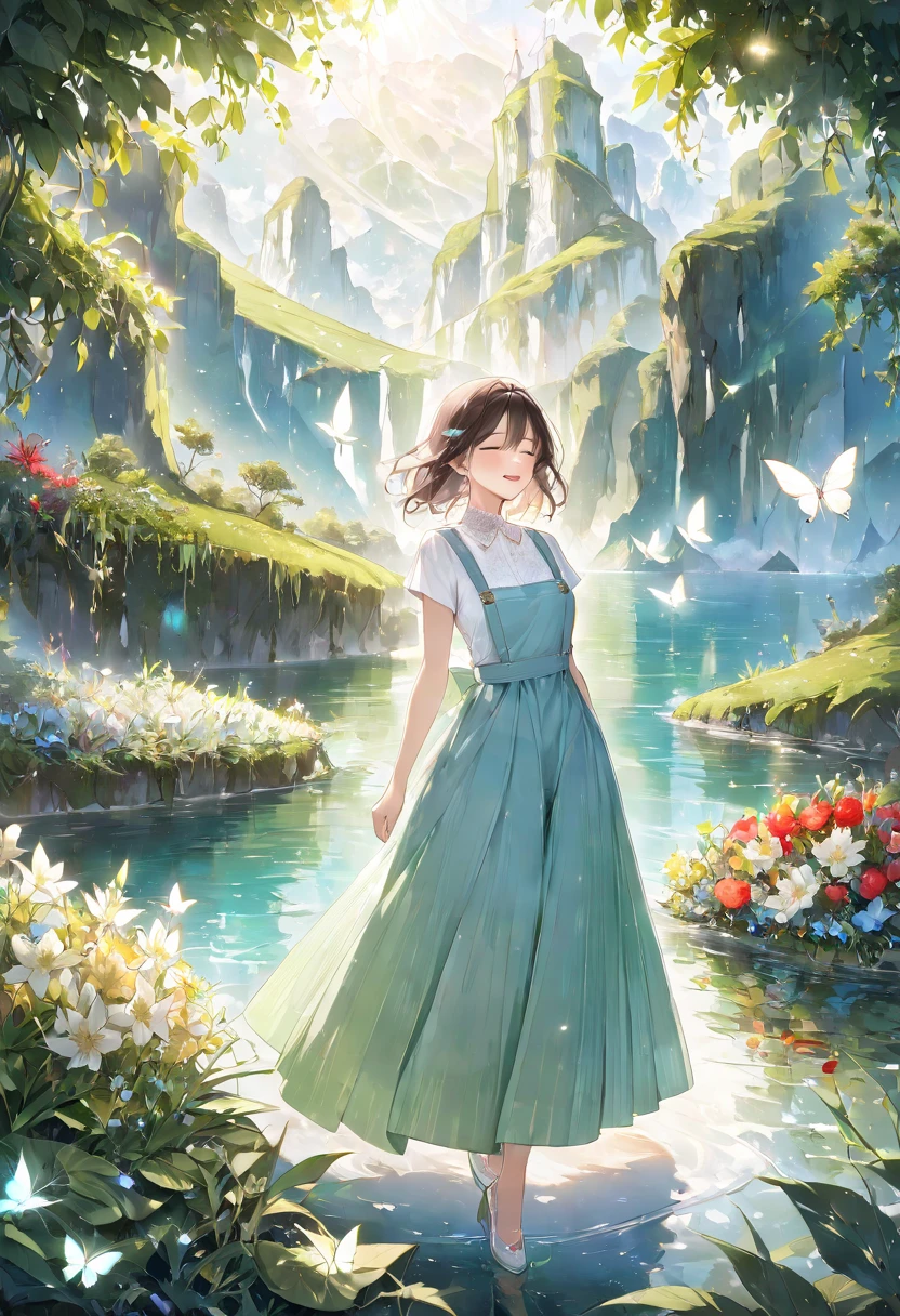 (((Exquisite watercolor painting))),(((masterpiece))),((( best quality))),(( surrenders)),((Soul Love )),(( bluish overall )),( large colorful photons),(A splendid flower in the foreground 々),(Beautiful girl with her hands crossed behind her back),( perfect anatomy),( ultra high quality),( detailed background),(Artwork),(Clear waterside ),(Vast Mountain々),(heaven), rich color palette,Beautiful fantastic lighting ,Mysterious, plants that shine light green ,truth,joy,thank you,comfortable,fair,Elegance,Polite , true strength ,Full of vitality ,altruism,Beautiful,clean, soft,Here and now , Forget Time ,Unadorned ,fun,continuation,Heartwarming, little white butterfly,