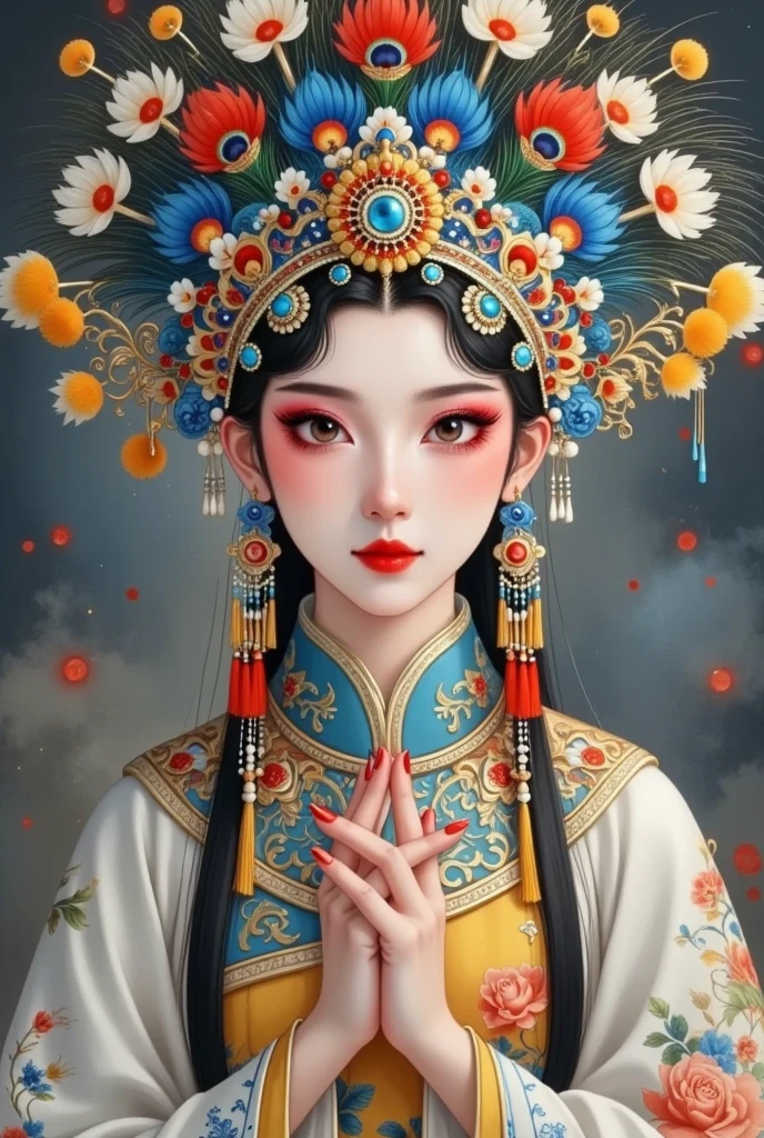 (masterpiece,  best quality:1.2), Ancient style girl,  unique ， Peking Opera Huadan , Peking Opera，Gorgeous headdress+velvet+Peacock Feather, Big Eyes of Water  , hand，Red nails， blue, Characters, Motion Blur, Liu Haisu,   New Detailed Brushes  , Shallow depth of field, Ultra-fine painting,   Dazzling Light and Shadow  ,  Face Fines ,   Impressionist Oil Paints  ,   New Detailed Brushes  ,   Dazzling Light and Shadow   play,  black magic,  movie lighting , 8K,   Oriental Art Mood  , Three-dimensional sense of space ,  high res,  Center Light .