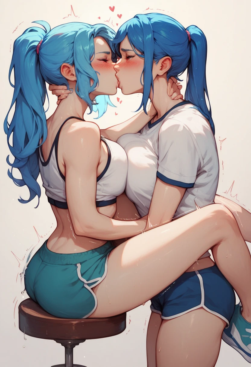 a girl, Saiyan whitepiky hair combed back , green eyes,slim, thin waist, wide hips, brown skin color, medium breasts, sex with  bulma futanari, just bulma with blue hair
 ,huge dick