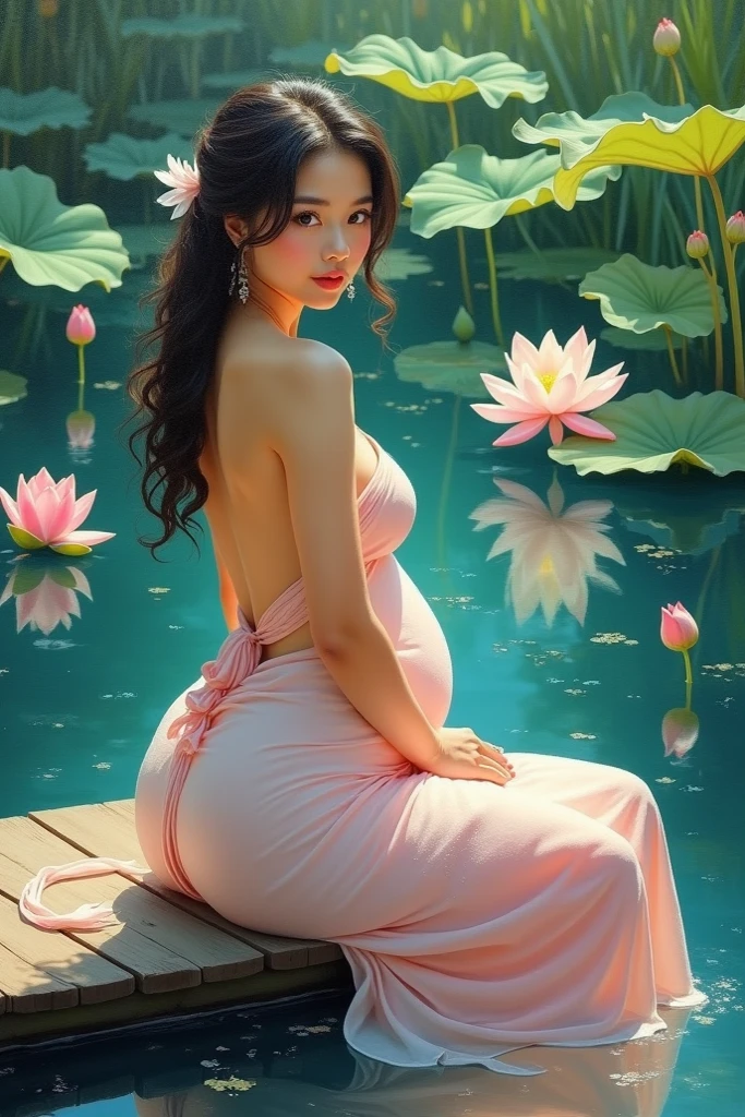 Sitting in a pond of lotus flowers blooming lots and lots of lotuses, feet playing in the water, art depicts a charming woman in a flowing, silky traditional oriental dress with pink, tight translucent trousers, decorated with intricate patterns and bright colors. Her dress drapes elegantly over her curvy figure, accentuating her seductive silhouette. She sits gracefully by the tranquil lotus lake, her feet playing in the water, bathed in the soft glow of the moonlight. The scene exudes an ethereal and dreamy atmosphere, with a touch of mystery and sexiness. The graphic style blends watercolor and digital illustration techniques to evoke a refined beauty and charm. The lights are filled with soft moonlight, casting soft highlights and shadows on her charming features. Bare thighs, wearing tight translucent pants, large breasts, three-dimensional facial features, sitting, upturned legs, side braids