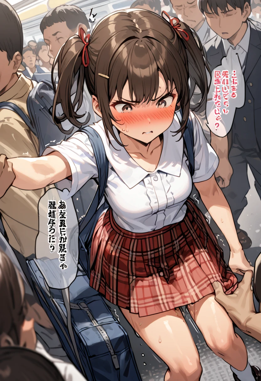 , japanese school girl,dark brown hair,twintail,hair pin, at train ,perfect body,easy-going face,White shirt blouse,sweaty, plaid skirt,trouble,twin tail, blush、molested, anatomically correct, Japanese sound effects, Crowded trains, heavy crowds, blushing, disgust, Anatomically correct depiction of details, can't move in the crowd, one scene, Convulsions, trembling, school bag,perfect ass, massive pussy juice trail, one cut, Angle of view looking down from above, All around me are men,one cut,ass grab,tits grab,