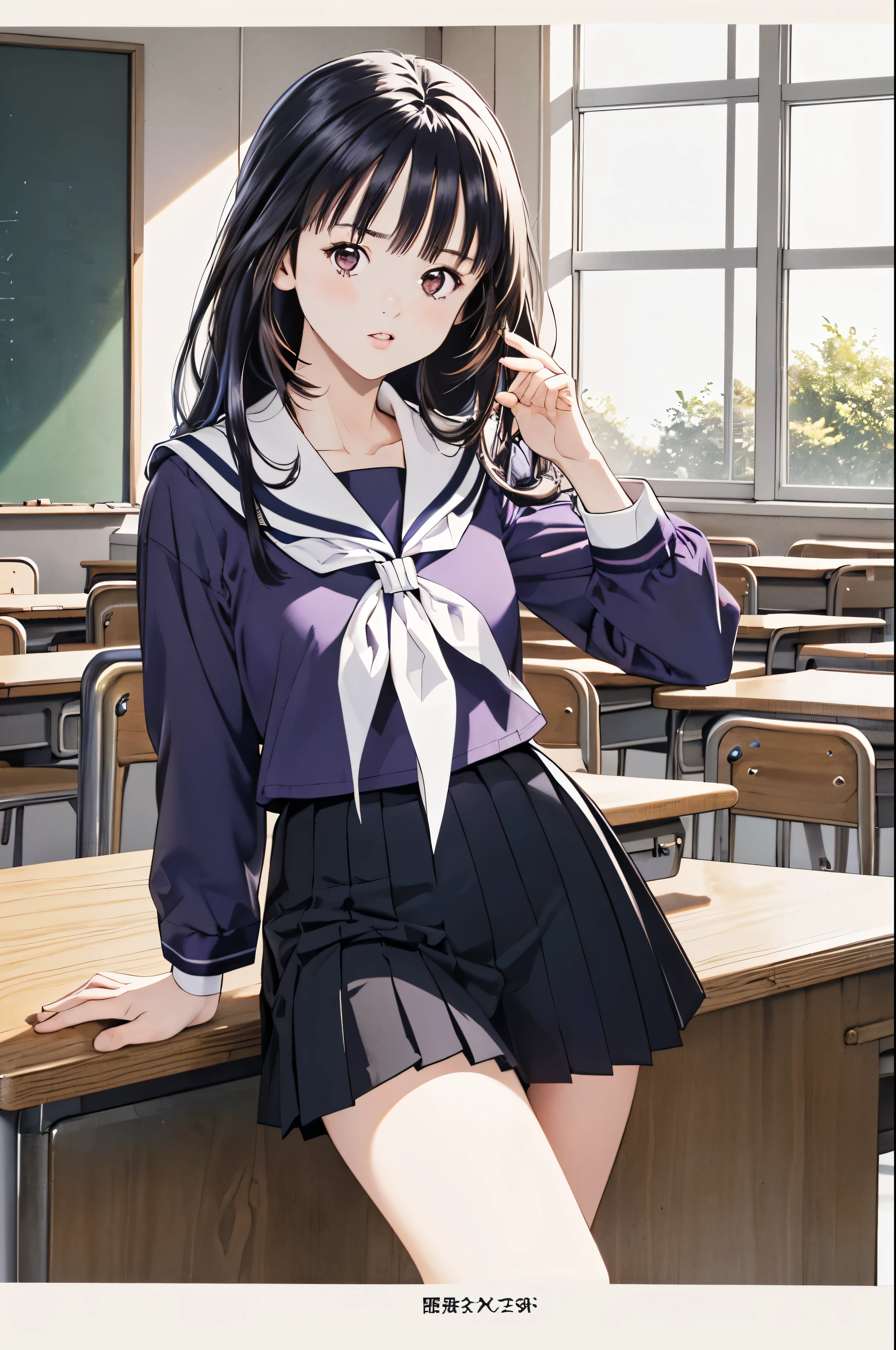 (8k、top-quality、​masterpiece:1.2)、(Realistic、Ultra-detailed、 super A high resolution 、 beautiful detailed face , perfect body for a lawn,( 1 girl ,Long black hair),( school uniform, sailor suit ,Purple Shirt,navy skirt,White Thailand), Contrapost, clevis,in classroom, Portrait
