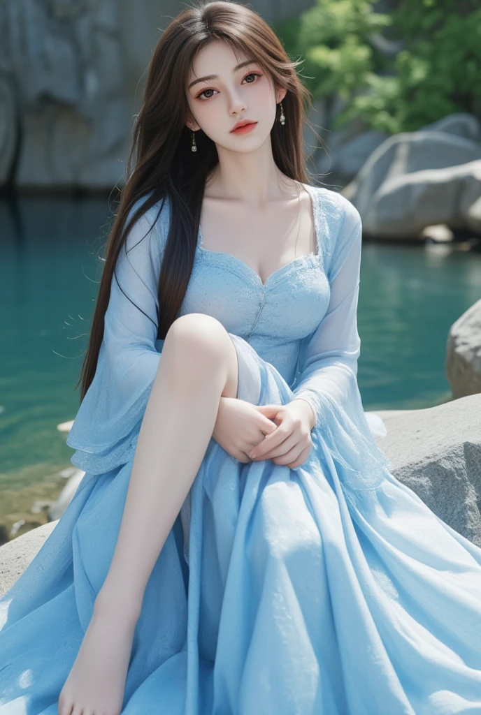 Anime girl with long hair and blue dress sitting on a rock by the water,  a beautiful fantasy queen,  beautiful and attractive anime woman ,  beautiful girl,  Beautiful digital art , Beautiful fantasy girl, Japanese Goddess, author：Fan Qi, 8k high quality detailed art, 2.  5D CGI anime fantasy art ,  trending on cgstation ,  artwork taking into account Wei style 
