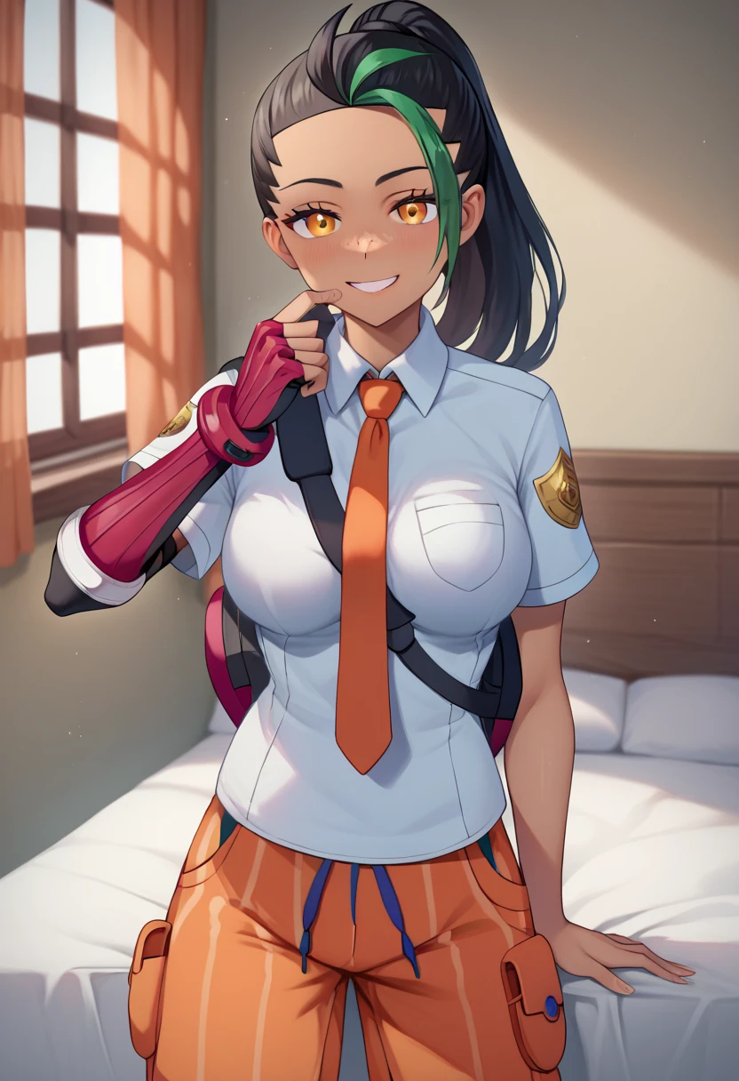 (masterpiece), (Best quality), (Very detailed), (high resolution), (8Khighres), (cel anime), (detailed beautiful face and eyes), (textile shading), (cowboy shot), (in bed), Nemona \(Pokemon\), black hair, green hair, orange eyes, dark skin, multicolored hair, two-tone hair, hair pulled back, collared shirt, fingerless gloves, orange shorts, orange tie, backpack, beautiful breasts,, happy, smile, empty eyes, sex, cowgirl, big dick, 1 black man, 1 girl