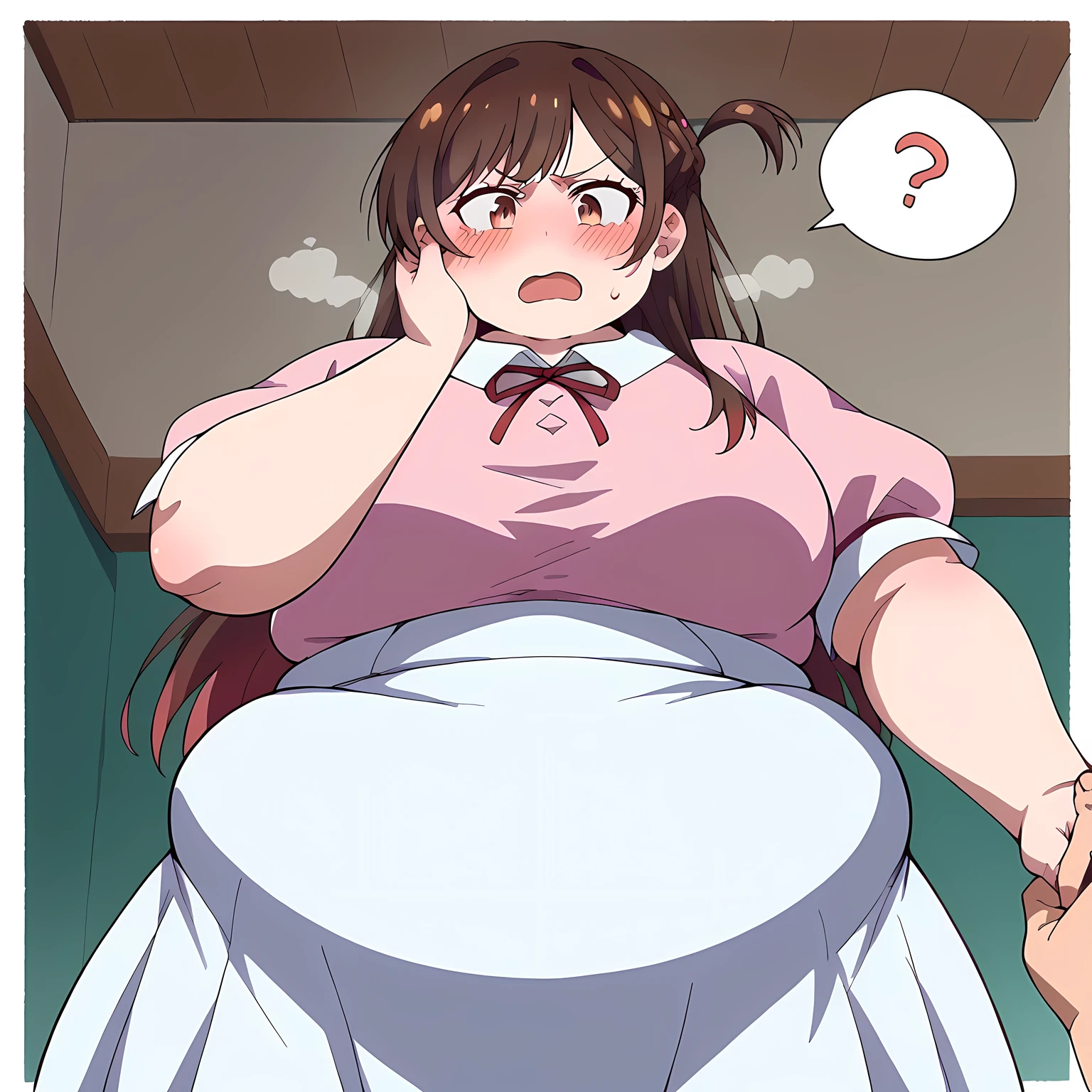 chizuru ichinose, long hair, bangs, brown hair, brown eyes, one side up,
skirt, shirt, short sleeves, puffy sleeves, puffy short sleeves, white skirt, pink shirt,,fat, chubby, obese, open mouth, out of breath, absurdres, highres icon, rating:General, confused, blush, spoken question mark, {flustered}, nervous sweating, portrait, pov hands, hand on another's cheek, averting eyes, [looking away], straight-on, from below, swollen face
