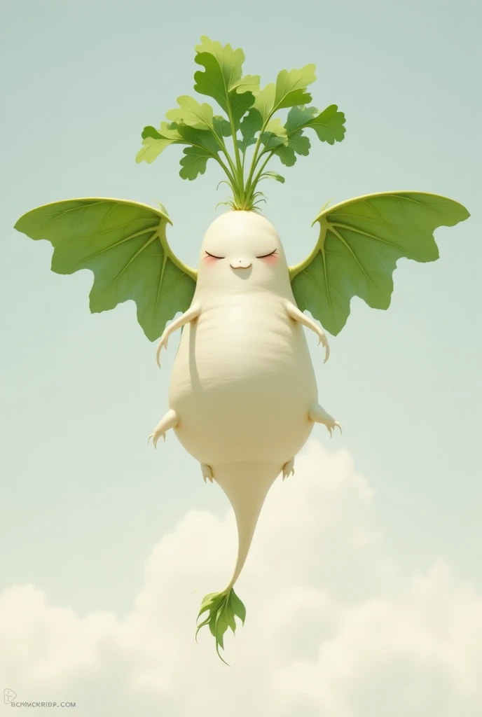 daikon, a dinosaur with leafy wings, unrealistic art, monster movie,Daikon flying in the sky、white skin, green wings