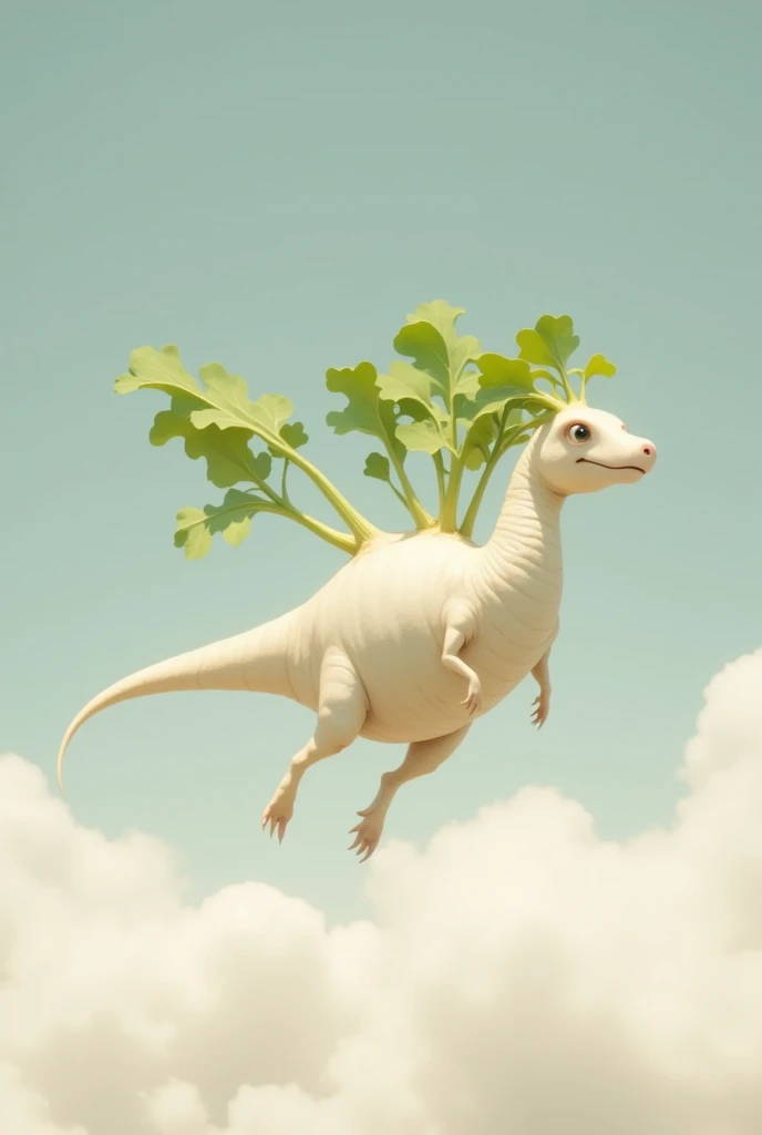 daikon, a dinosaur with leafy wings, unrealistic art, monster movie,Daikon flying in the sky、white skin, green wings