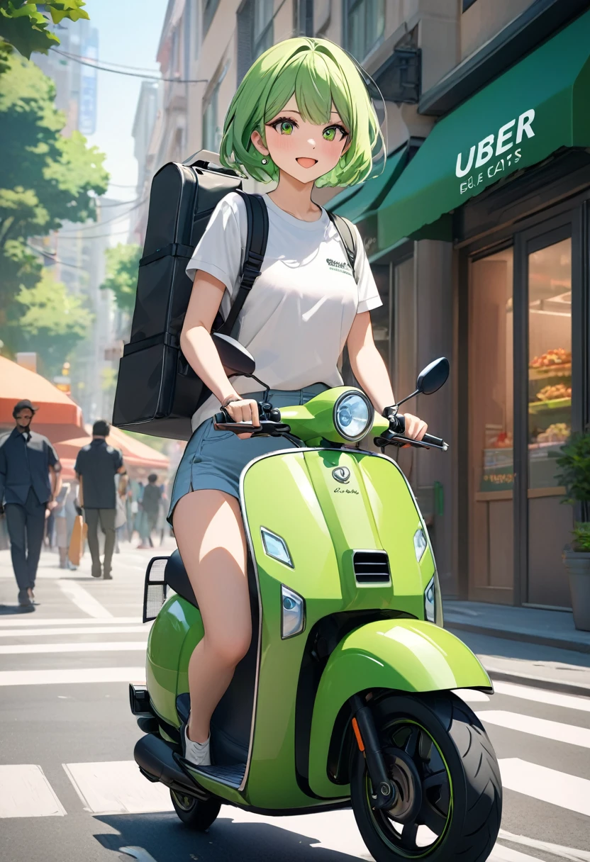 (((Best quality, 8k, Masterpiece: 1.3)), ((best quality)), ((masterpiece)), (detailed), perfect face, perfect body, (detailed skin:1.3), (intricate details), A young girl with short green hair, wearing a casual yet professional outfit suitable for a delivery person. She is riding a sleek, modern scooter in a vibrant urban setting. The girl carries a branded Uber Eats delivery bag on her back, and her expression is cheerful and determined, as if she's focused on her next delivery. The street around her is lively, with colorful signs, trees, and people walking by. The atmosphere is dynamic, evoking the hustle and bustle of city life during the daytime.