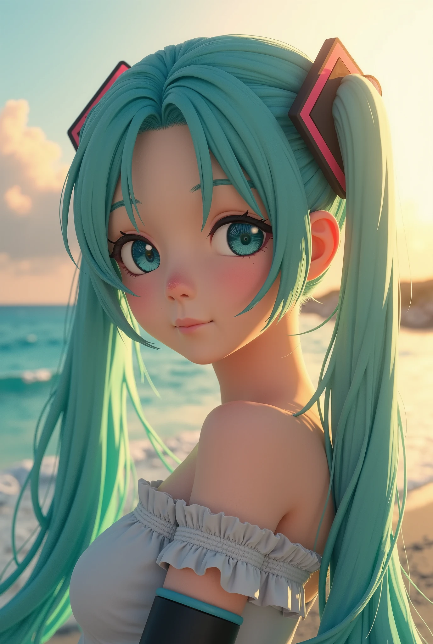 (masterpiece、 best quality、 best quality、 Official Art、 beautiful and beautiful :1.2)、( one girl who is at ease:1.3) Hatsune Miku、 twin tails, Beautiful breasts, ultra-detailed 3D renderings of beautiful animated characters,  Beautiful Soft Studio Light , Rim Light,  vivid detail,An extremely beautiful young woman,  Modest Makeup , landscape, summer, sunset, Okinawa, sea, unmanned,  beach ,  no one, Hot Weather, sunset, 【HD Details,  Ultra Detailed , membrane,  hyperrealism , Soft light, Deep focus bokeh,  ray tracing, アートステーション pixiv Gwise, 新sea誠, ArtJam