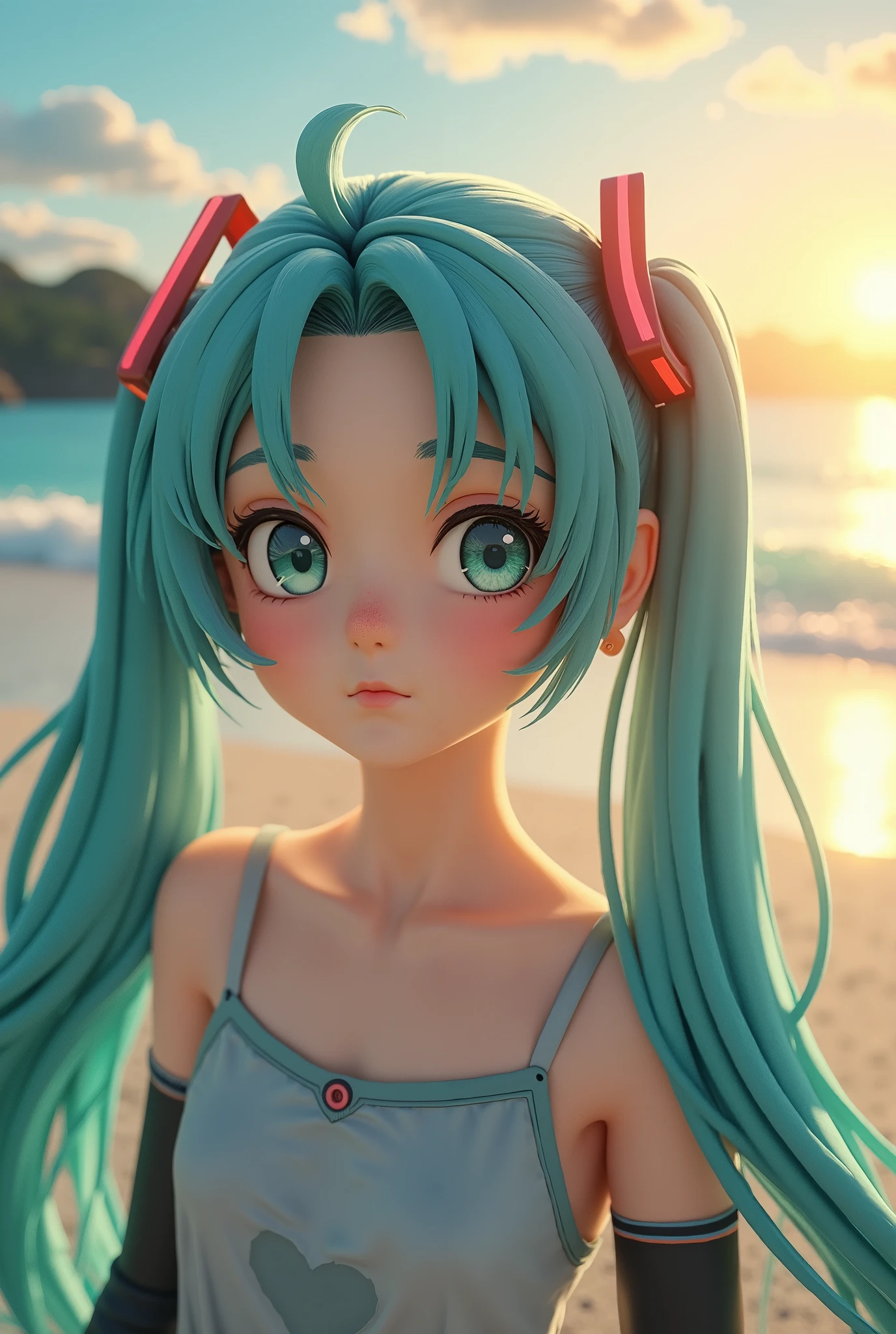 (masterpiece、 best quality、 best quality、 Official Art、 beautiful and beautiful :1.2)、( one girl who is at ease:1.3) Hatsune Miku、 twin tails, Beautiful breasts, ultra-detailed 3D renderings of beautiful animated characters,  Beautiful Soft Studio Light , Rim Light,  vivid detail,An extremely beautiful young woman,  Modest Makeup , landscape, summer, sunset, Okinawa, sea, unmanned,  beach ,  no one, Hot Weather, sunset, 【HD Details,  Ultra Detailed , membrane,  hyperrealism , Soft light, Deep focus bokeh,  ray tracing, アートステーション pixiv Gwise, 新sea誠, ArtJam