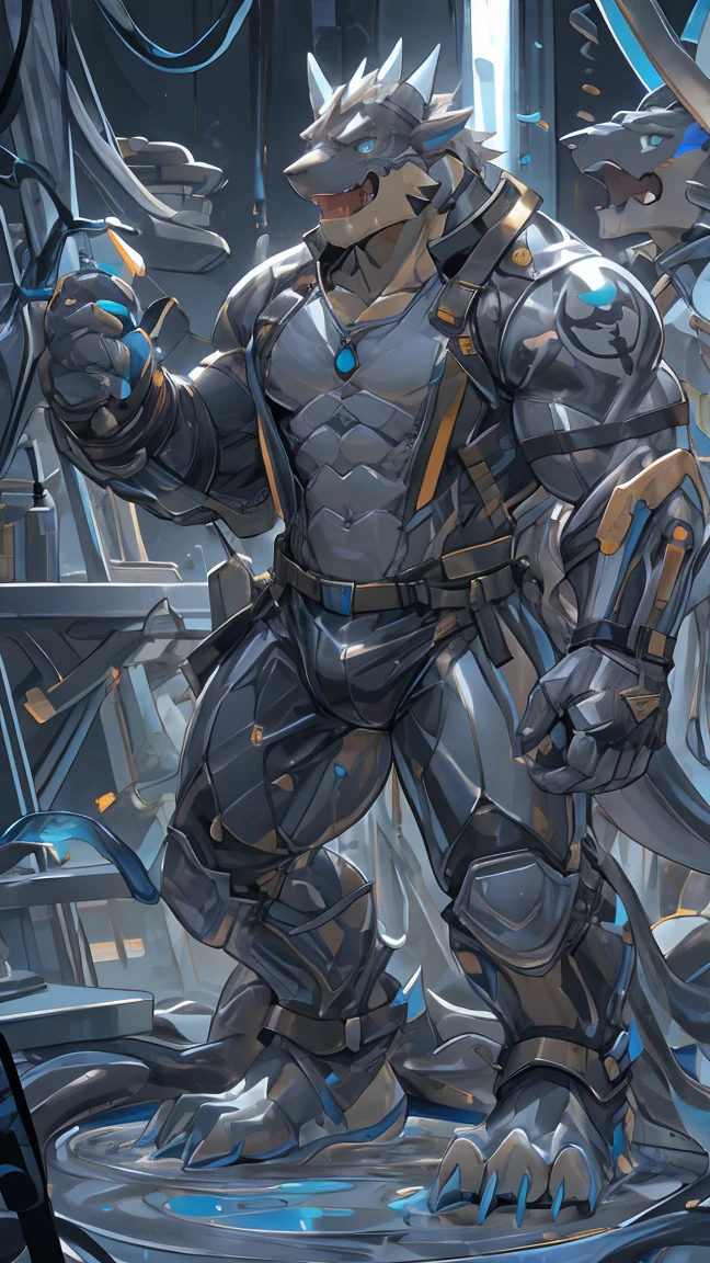 masterpiece, highest quality, ultra detailed, high detail anime, ruggedly handsome man, short black hair, swept back hair, large beard, futuristic armor, black exosuit, high collared chestplate, gauntlets, sci fi, spaceship background