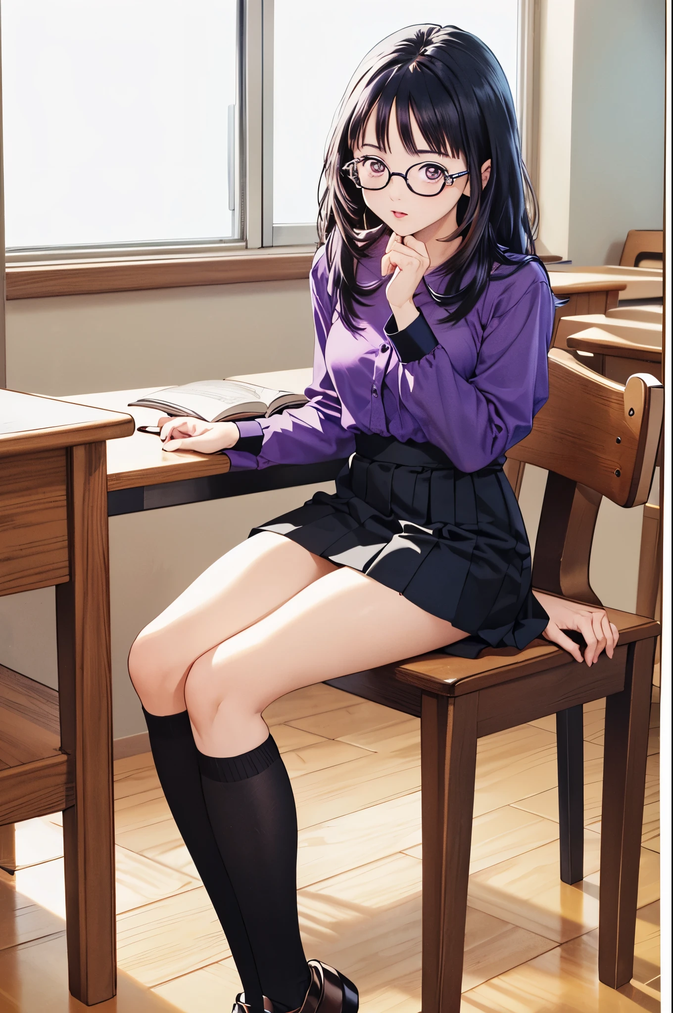 (8k、top-quality、​masterpiece:1.2)、(Realistic、Ultra-detailed、 super A high resolution 、 beautiful detailed face , perfect body for a lawn,( 1 girl ,Long black hair),( Pretty Cureの服,Purple Shirt,navy skirt,White Thailand), Contrapost, clevis,in classroom, Portrait、 Libraries 、 reading a book、(( wear black glasses to capture  )), Pretty Cure、