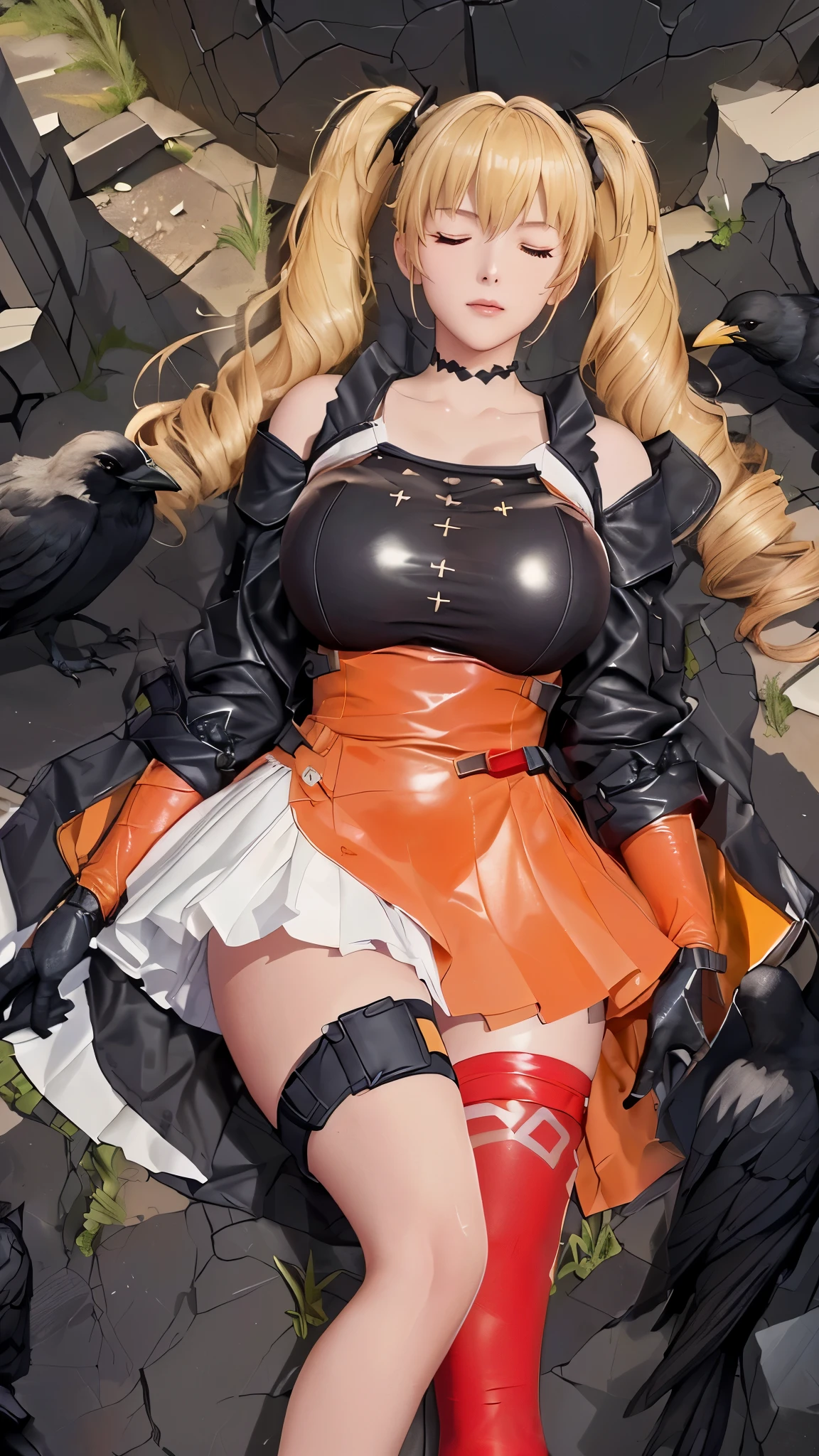 (（（figure，御姐figure,White and tender skin,（（（FenNib , long_sleeves_skirt, red_single_thighhigh, thigh_holster, elbow_gloves, strap, ）））,(（（twintails, Blonde_hair, orange_eyes,））),，((masterpiece)), highres icon,((Best quality at best)),masterpiece,quality,Best quality,(（（  is open to the audience， Eyes Closed ）））， huge ，（（（A woman, lying in ruins ,，A group of crows surrounded the woman，From above， green background ））)）））