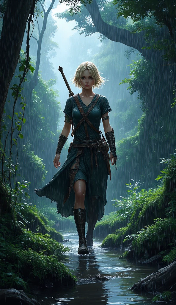 Anime art style, fantasy, female elf warrior walk in forest in the rain, front to viewer, blond short hair,  wet hair, wet clothes, wet tunic and wet leather armor,  heavy rain, wild and beautiful fantasy forest, detailed, masterpiece, anime digital painting, midjourneyv6.1, 8k, photorealistic, heavy rain, visible water on face and clothes, wet clothes