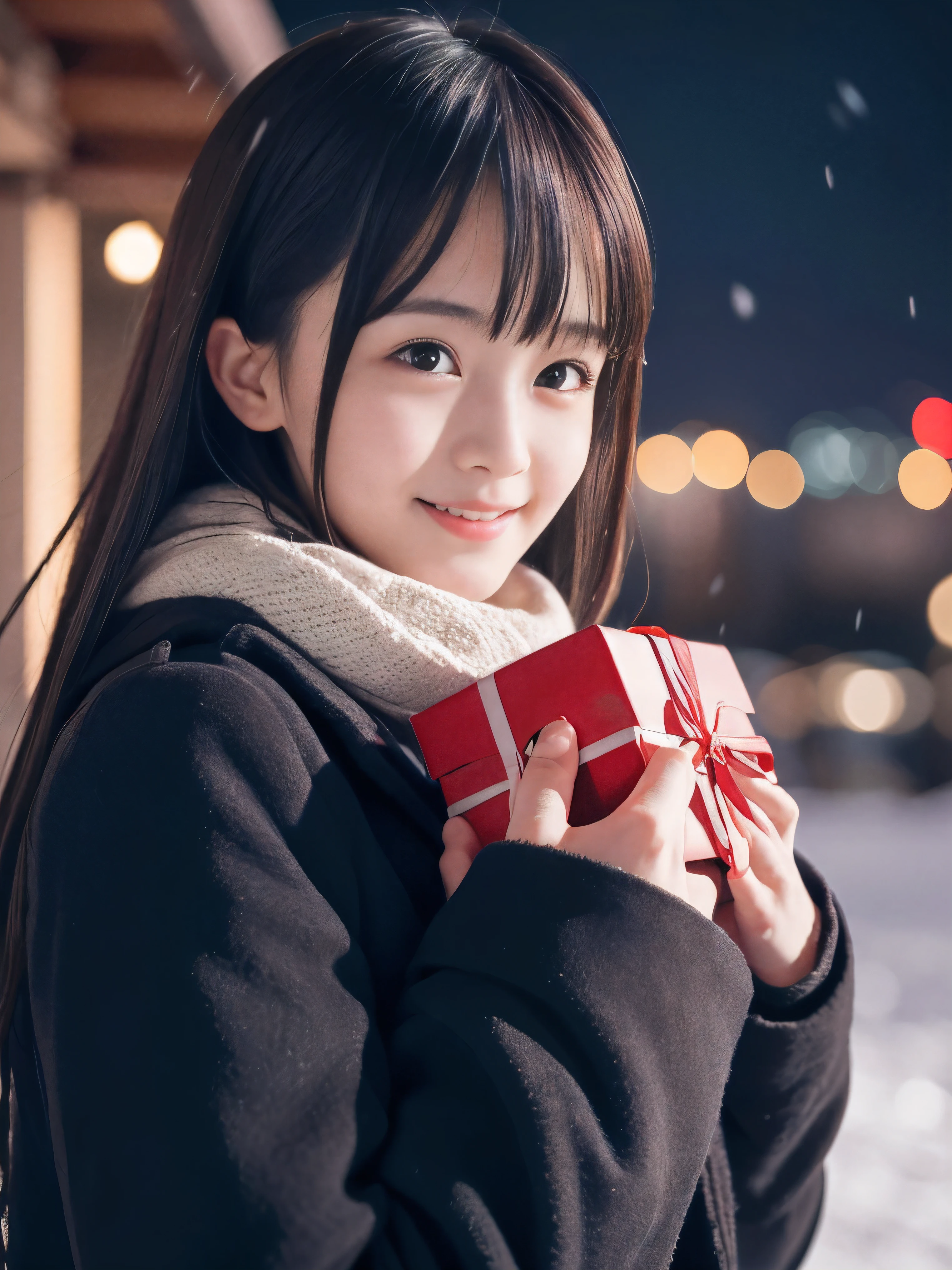 (Close-up face shot of one slender small breasts dark silver long hair with swept bangs girl in a winter long coat and  scarf:1.5)、(One girl is holding a big gift box in arms with happy smile:1.5)、(Beautiful Christmas illumination night:1.5)、(Heavy snowing night:1.5)、(blurred background:1.5)、(Natural light:1.5)、(8k ultra detailed master piece:1.5)、(perfect anatomy:1.5)、(Photorealistic stick:1.5)、(Raw photo:1.3)、(highest quality:1.5)、(High resolution:1.3)、(Delicate and beautiful perfect face:1.3)、(Delicate and beautiful eye air skin:1.3)、(Real Human Skin:1.3)、((thin legs))