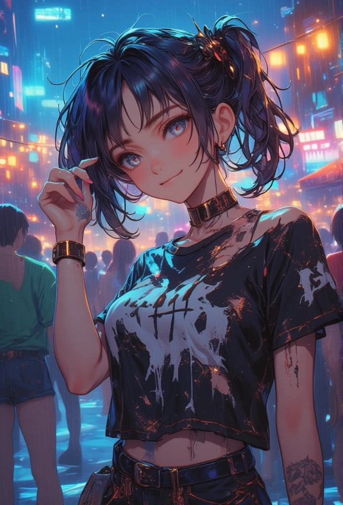 At a Christmas party on the beach with rain and snow weather animation style 2 . 5D manga niji6 strong features oil ink art super details on art lux lol girl hair cut fashion feshion with the Gold + Jinx from all bruised smile torn t-shirt with black with starry black with green eyes big lashes smoking a hallucinated cigarette black in reality style photo realism maximum quality details super graphic perfection of the latest generation