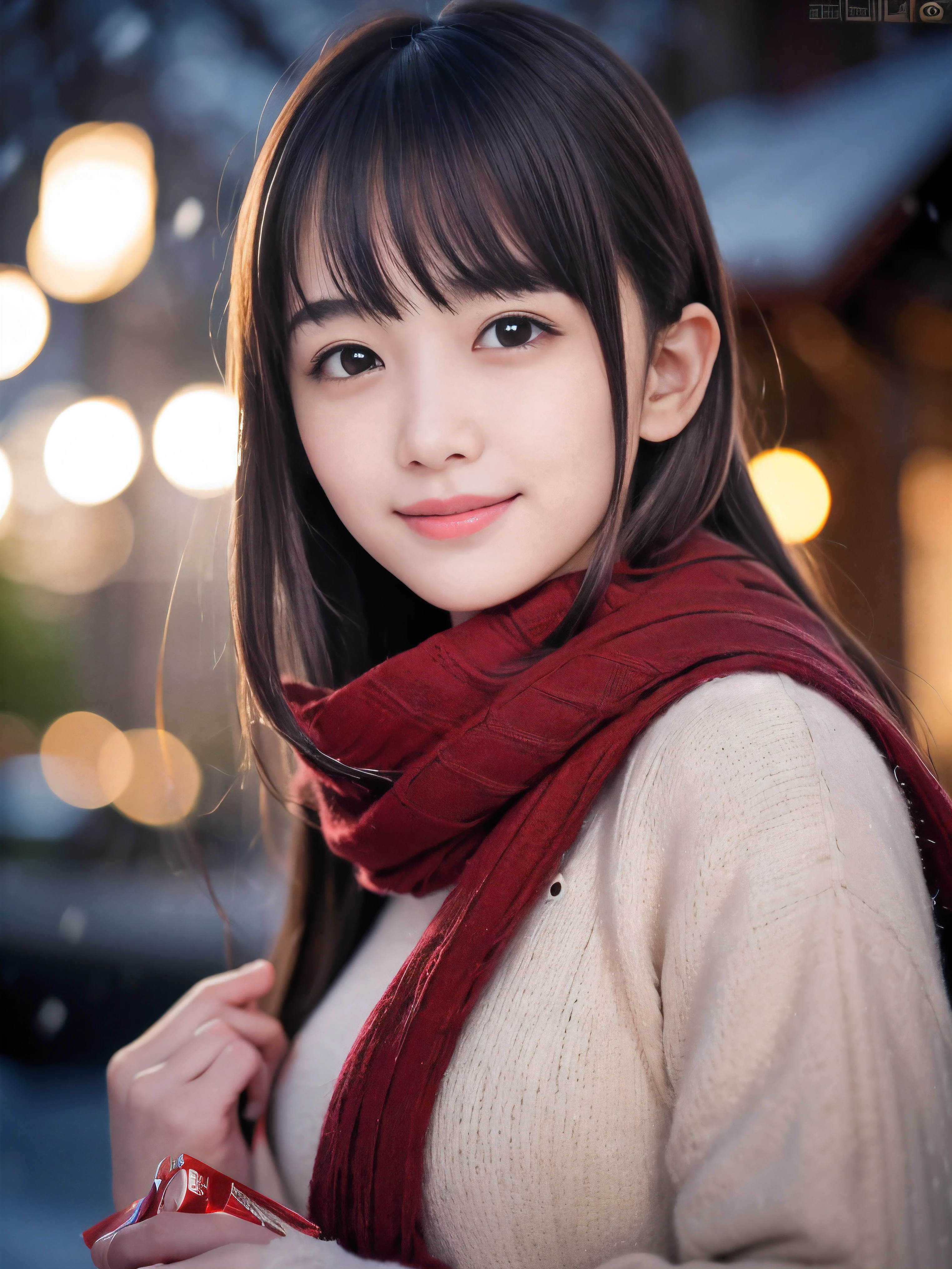 (Close-up face shot of one slender small breasts dark silver long hair with swept bangs girl in a winter long coat and  scarf:1.5)、(One girl is holding a big gift box in arms with happy smile:1.5)、(Beautiful Christmas illumination night:1.5)、(Heavy snowing night:1.5)、(blurred background:1.5)、(Natural light:1.5)、(8k ultra detailed master piece:1.5)、(perfect anatomy:1.5)、(Photorealistic stick:1.5)、(Raw photo:1.3)、(highest quality:1.5)、(High resolution:1.3)、(Delicate and beautiful perfect face:1.3)、(Delicate and beautiful eye air skin:1.3)、(Real Human Skin:1.3)、((thin legs))