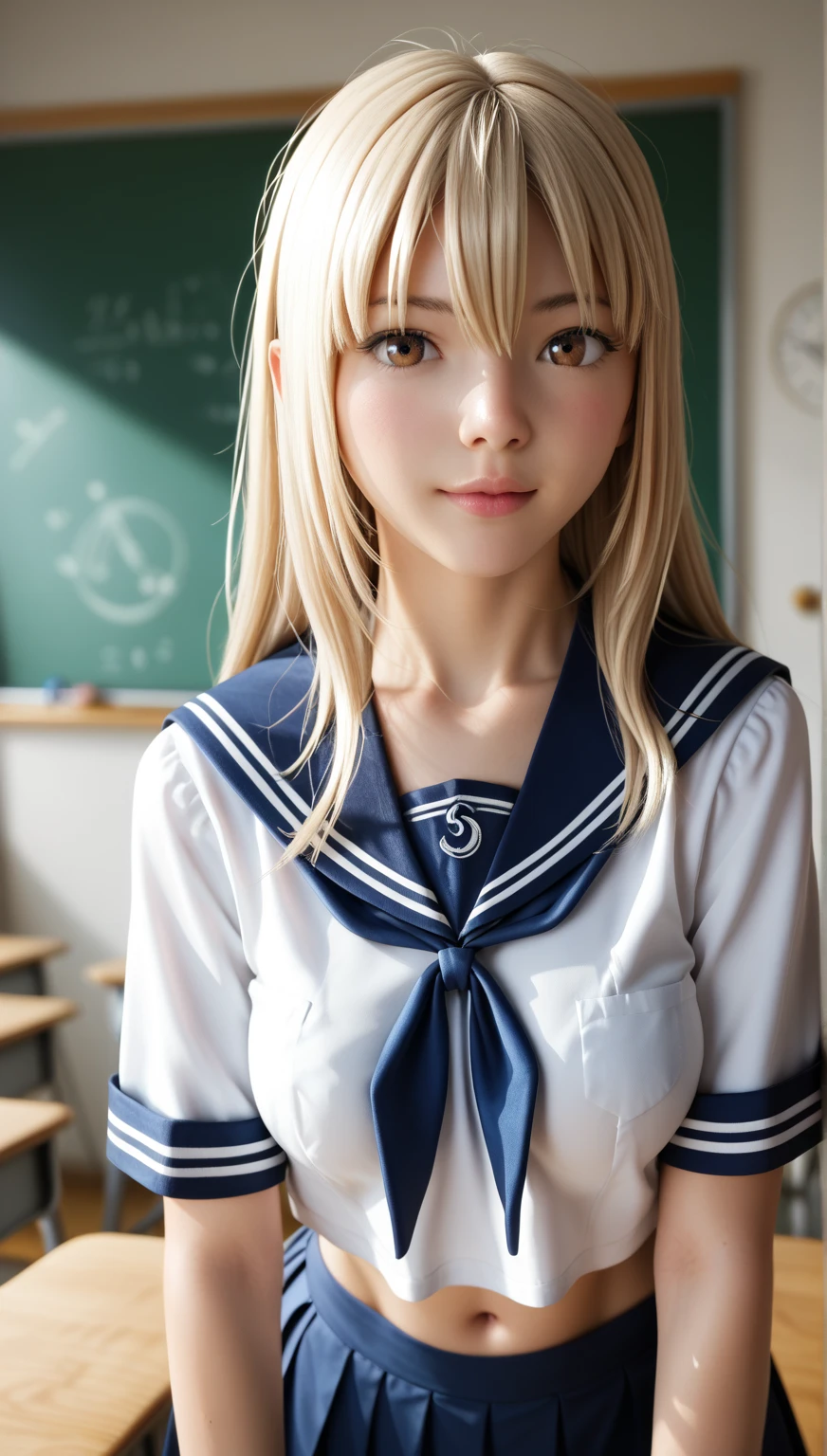 masterpiece, best quality、ultra realistic photo, raw photo, Realism, 3D rendering, Unity Engine, holographic、***ung girl,****, Medium Breasts, blond_hair, blush, belly button, Alone_focus, flat_chests, long_hair, brown_eyes, school_uniform,  shirt, indoor, classroom, hair_between_eyes, white_sailor_collar, curtain, Summer clothes, bust up,leaning forward、Underboob、 bottomless、