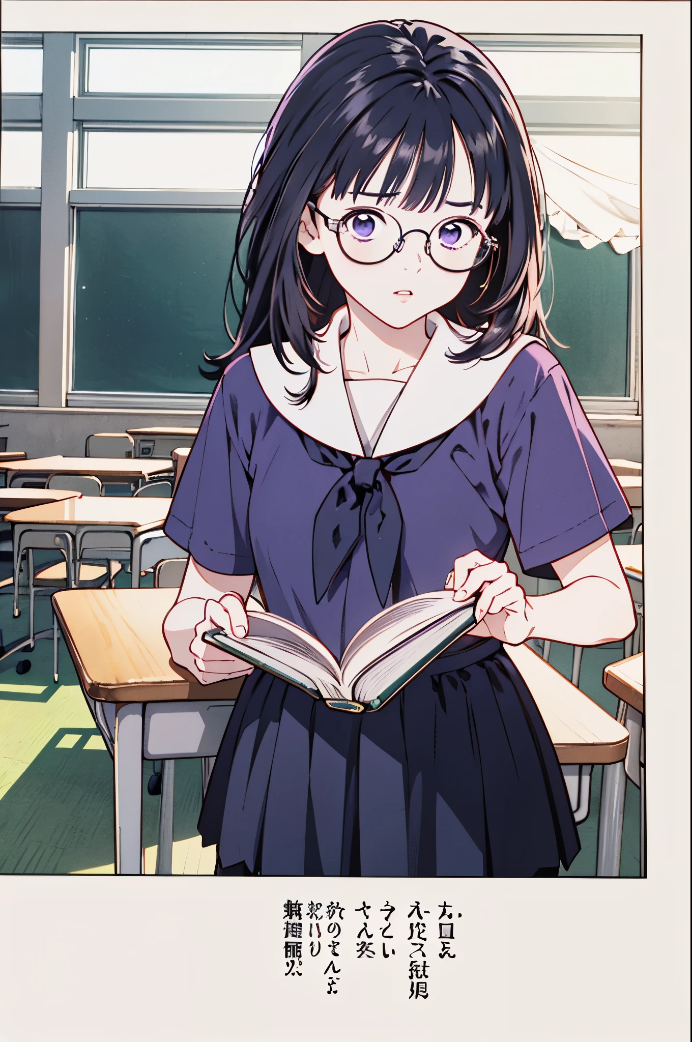 (8k、top-quality、​masterpiece:1.2)、(Realistic、Ultra-detailed、 super A high resolution 、beautiful詳細な顔, perfect body for a lawn,( 1 girl ,Long black hair),( school uniform, sailor suit ,Purple Shirt,navy skirt,White Thailand), Contrapost, clevis,in classroom, Portrait、 Libraries 、 reading a book、(( wear black glasses to capture  )),beautiful、