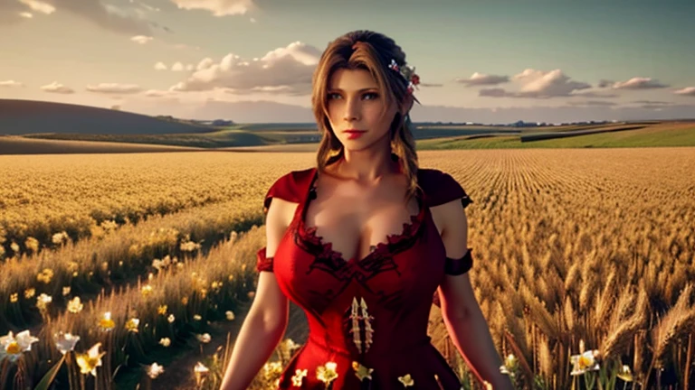 Iris Final Fantasy with huge big incredibly huge breasts ,  tits against the background of a field of wheat and flowers with a wreath of herbs in her hands holds a spikelet photo shoot realistic,  detailed dressed went into a red neckline dress falls out huge big breasts, frankly sexually depraved in a red vulgar dress 