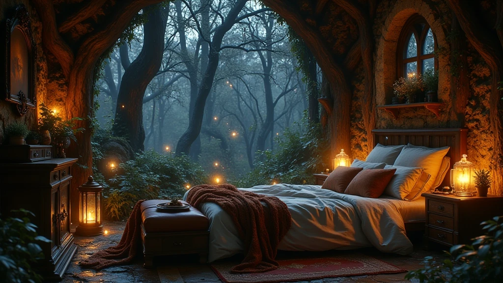 Deep in the woods at midnight, bedroom in a fairy house, rustic furniture, soft indirect lighting, earth-colored pillows and blanket on the bed, cosy enchanted scene, beautiful render of a fairytale, magical environment, relaxing concept art, cozy place, realistic fantasy render, enchanted magical fantasy forest, magical realism style, background artwork, dreamy and detailed, cozy and peaceful atmosphere, 8k high quality detailed art, fantasy style 8 k octane render, cozy environment