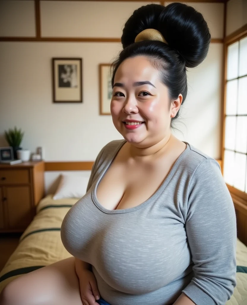 RAW photo, A fat and buxom older woman with long pink hair opening her kimono with a sly grin and wink to reveal her nude body, natural skin, 8k uhd, high quality, film grain, Fujifilm XT3