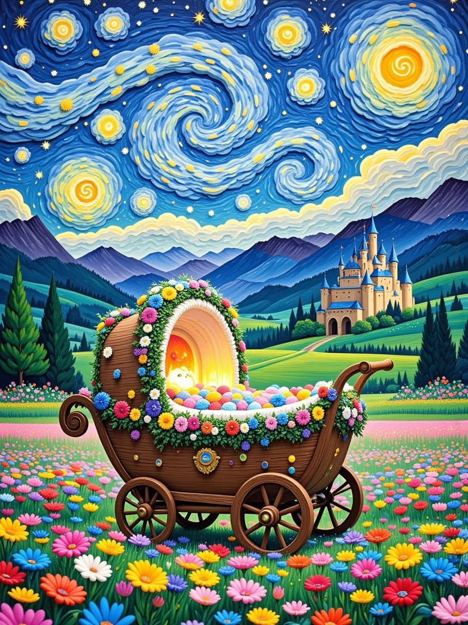 3D 3D oil painting，Van Gogh oil painting，Fingerprint oil painting，3D relief，Dreamy colors and details，My Neighbor Totoro and the Cradle, chinchilla, pram, My chinchilla is good-natured ， The cradle is decorated with flowers and bells ,  The background is a vast sky ，There are swirling clouds and bright stars in the sky，Gives a feeling of starry sky, The ground is covered with colorful flowers，The sea of flowers stretches into the distance, In the distance there are rolling mountains，There is a castle at the foot of the mountain，The castle is surrounded by green grass and trees,  The whole picture is full of fantasy and lovely 