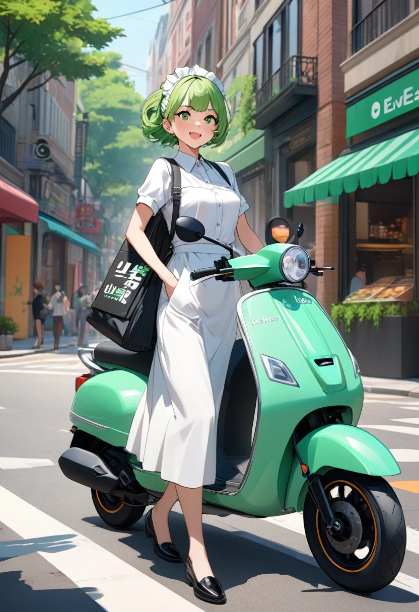 (((Best quality, 8k, Masterpiece: 1.3)), ((best quality)), ((masterpiece)), (detailed), perfect face, perfect body, (detailed skin:1.3), (intricate details), A young maid girl with short green hair, wearing a casual yet professional outfit suitable for a delivery person. She is riding a sleek, modern scooter in a vibrant urban setting. The girl carries a branded Uber Eats delivery bag on her back, and her expression is cheerful and determined, as if she's focused on her next delivery. The street around her is lively, with colorful signs, trees, and people walking by. The atmosphere is dynamic, evoking the hustle and bustle of city life during the daytime.