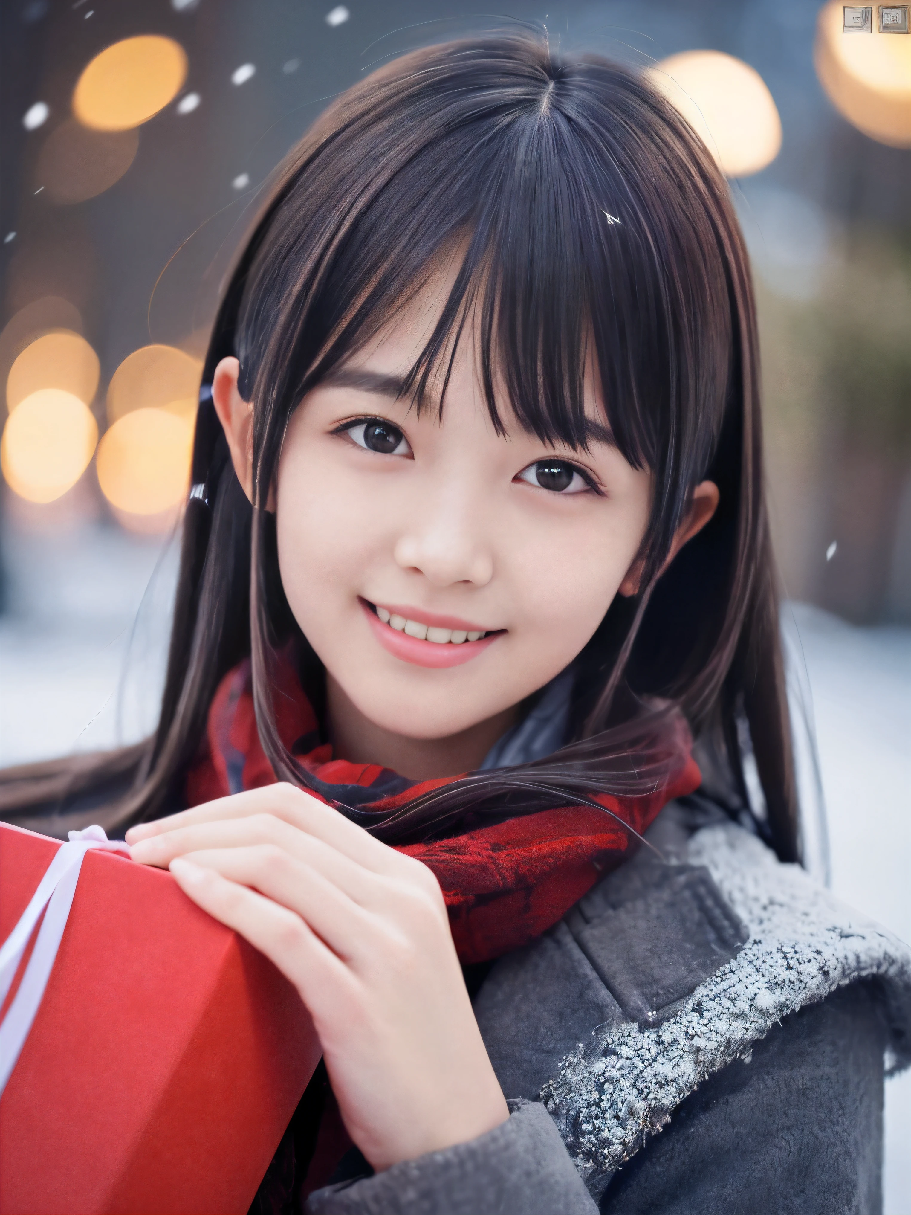 (Close-up face shot of one slender small breasts dark silver long hair with swept bangs girl in a winter long coat and  scarf:1.5)、(One girl is holding a big gift box in arms with happy smile:1.5)、(Beautiful Christmas illumination night:1.5)、(Heavy snowing night:1.5)、(blurred background:1.5)、(Natural light:1.5)、(8k ultra detailed master piece:1.5)、(perfect anatomy:1.5)、(Photorealistic stick:1.5)、(Raw photo:1.3)、(highest quality:1.5)、(High resolution:1.3)、(Delicate and beautiful perfect face:1.3)、(Delicate and beautiful eye air skin:1.3)、(Real Human Skin:1.3)、((thin legs))