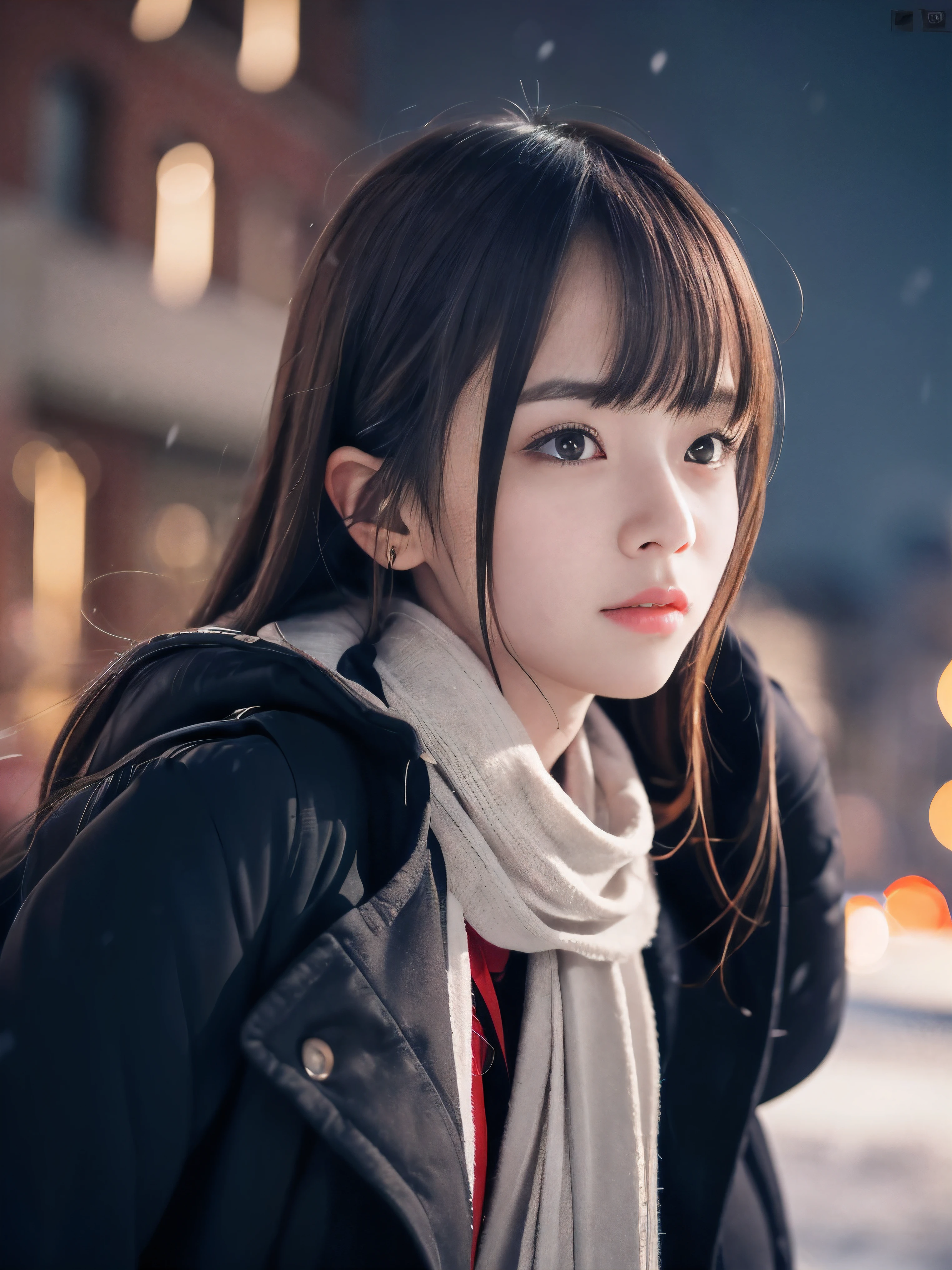 (Close-up face shot of one slender small breasts dark silver long hair with swept bangs girl in a winter long coat and  scarf:1.5)、(One girl is looking back with crying face:1.5)、(Very beautiful Christmas illumination night:1.5)、(Heavy snowing night:1.5)、(blurred background:1.5)、(Natural light:1.5)、(8k ultra detailed master piece:1.5)、(perfect anatomy:1.5)、(Photorealistic stick:1.5)、(Raw photo:1.3)、(highest quality:1.5)、(High resolution:1.3)、(Delicate and beautiful perfect face:1.3)、(Delicate and beautiful eye air skin:1.3)、(Real Human Skin:1.3)、((thin legs))