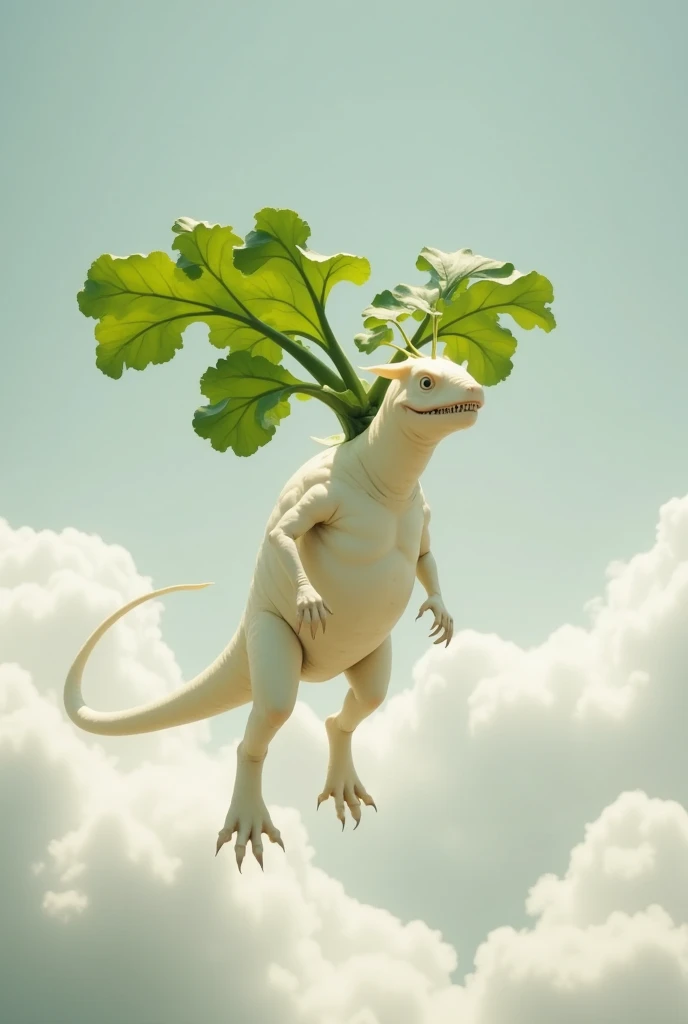 a powerful piece、daikon, a dinosaur with leafy wings, unrealistic art, monster movie,Daikon flying in the sky、white skin, green wings