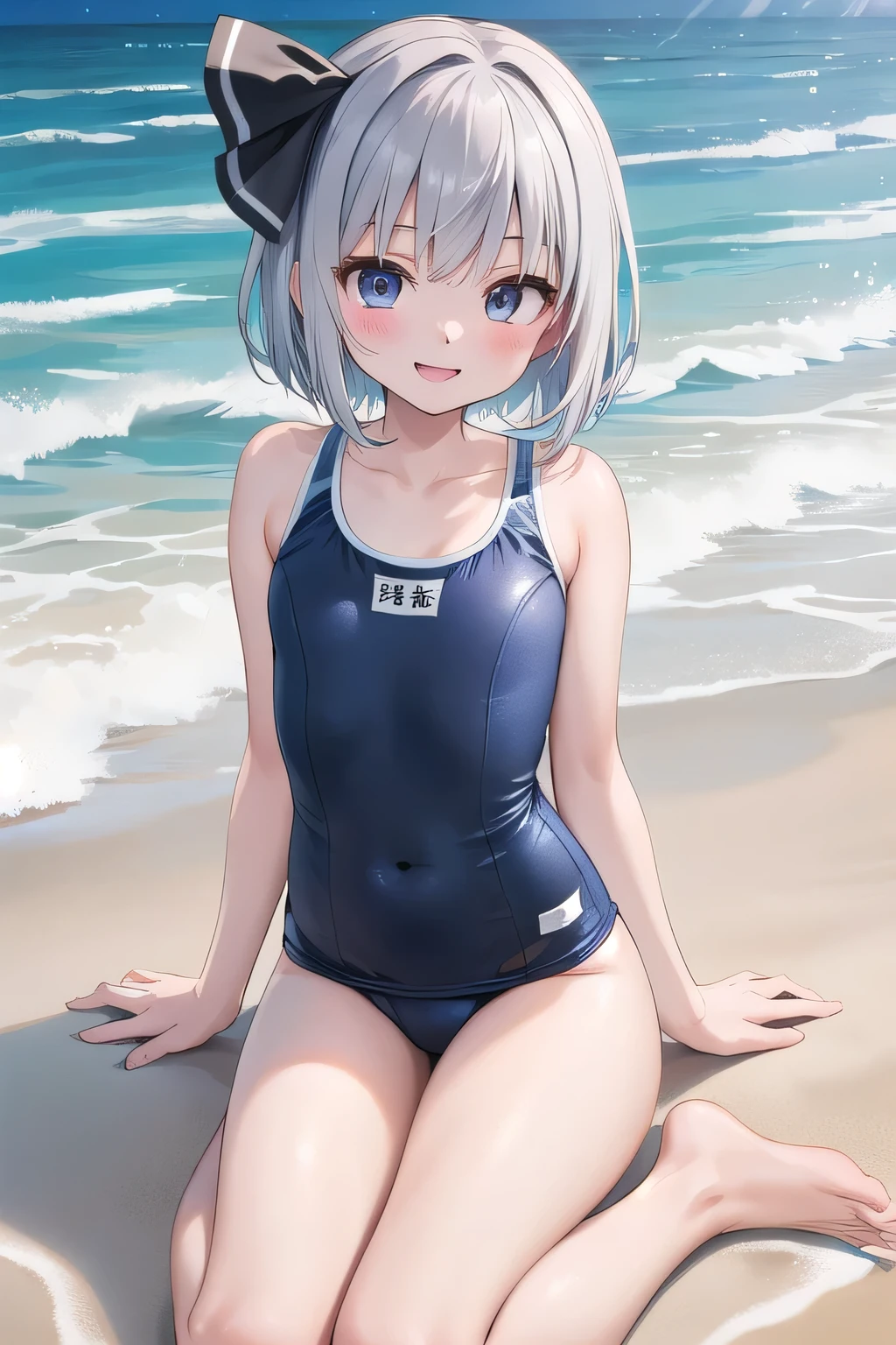 1girl,solo,watanabe you,white competetion swimsuit,blue eyes,small breast,white one-piece swimsuit,short hair,beach,looking at viewer,pussy,blue eyes,highleg swimsuit,gray hair,blush,closed mouth,nervous,sitting spread legs,effect nipple