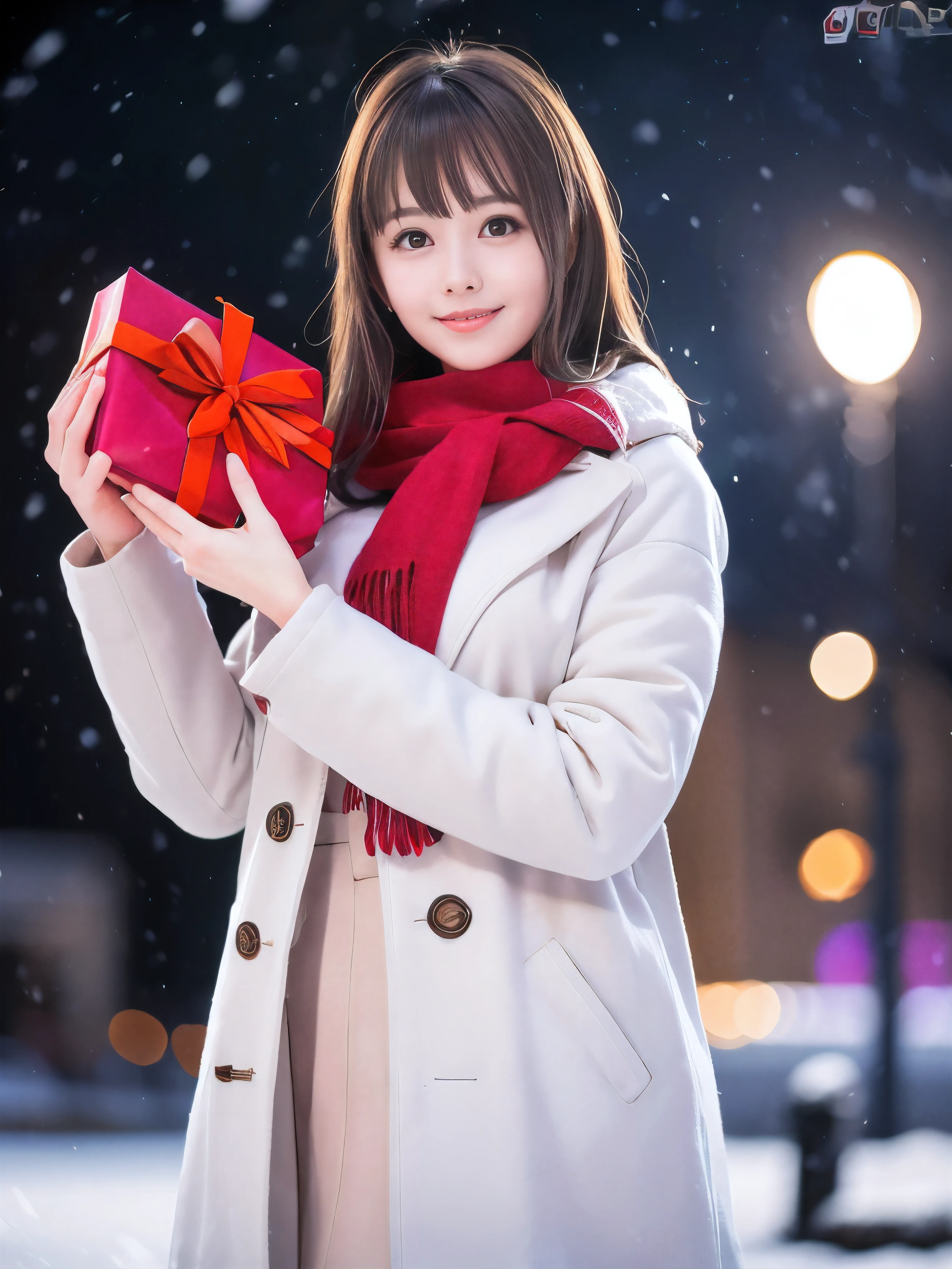 (Close-up face shot of one slender small breasts half up blonde long hair with bangs girl in a winter white long coat and red scarf:1.5)、(One blonde hair girl is holding a big gift box in arms with happy smile:1.5)、(Beautiful Christmas illumination night:1.5)、(Heavy snowing night:1.5)、(blurred background:1.5)、(Natural light:1.5)、(8k ultra detailed master piece:1.5)、(perfect anatomy:1.5)、(Photorealistic stick:1.5)、(Raw photo:1.3)、(highest quality:1.5)、(High resolution:1.3)、(Delicate and beautiful perfect face:1.3)、(Delicate and beautiful eye air skin:1.3)、(Real Human Skin:1.3)、((thin legs))