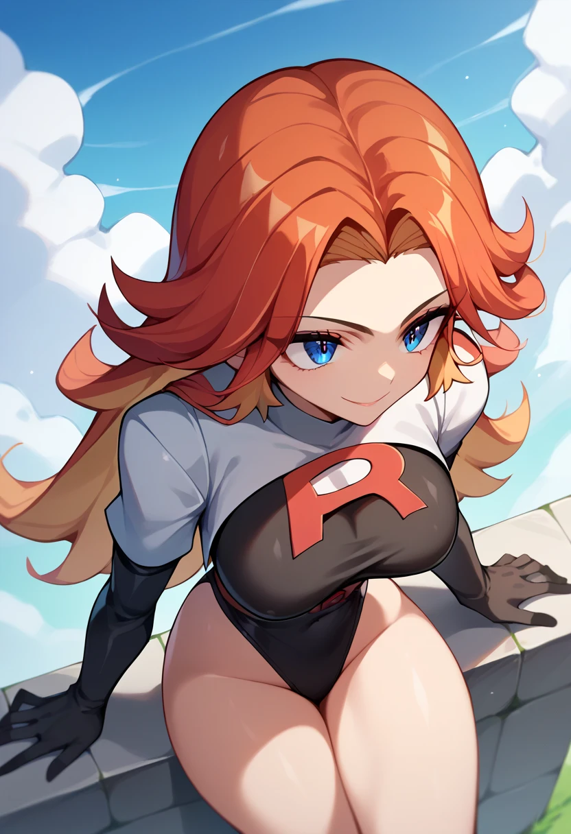 sCore_9,sCore_8_above,Core_7_above,   mavuika-gi  ,  a girl, d cup breasts, alone, long hair, neckline,   big breasts , sky,   looking at the spectator , blue sky, blows, smile, outdoors, cloud,  Body, day, team rocket uniform, soft thighs, adult, 