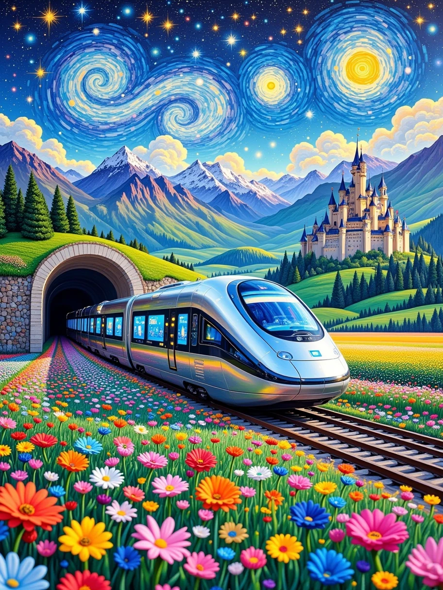 3D 3D oil painting，Van Gogh oil painting，Fingerprint oil painting，3D relief，Dreamy colors and details,  An ultra-modern maglev train exiting a tunnel ，Maglev train of the future, The train body is streamlined ， shining in silver and blue ， tech-filled ,  The window is a huge transparent display ， showing all kinds of dynamic information ,  The background is a vast sky ，There are swirling clouds and bright stars in the sky，Gives a feeling of starry sky。The ground is covered with colorful flowers，The sea of flowers stretches into the distance, In the distance there are rolling mountains，There is a castle at the foot of the mountain，The castle is surrounded by green grass and trees,  is brightly colored ， full of life and vitality ， It's like being in a place where a fairy tale world merges with future technology