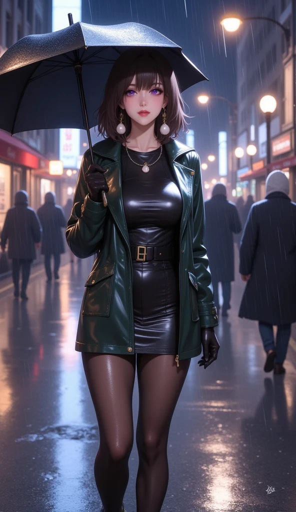  mature beautiful woman with ,( best quality, very detailed depiction, Incredibly Absurd Hi-Res,High quality anime drawings:2.0),( Woman Walking Down Main Street In The Rain ,winter coat , tight skirt on the express train,Shiny Cloth ,Winter clothes, earrings with white radish motifs, Necklaces , black tights, thigh high boots, high heels,Holding an umbrella,White radish pattern umbrella :2.0,An umbrella with a picture of a white radish:2.0),(Purple Eyes, half closed eyes:2.0, Big Breasts ,Glossy lips,Flashy makeup, bewitching smile:2.0,Beautiful legs,Seductive gestures,Put your finger over your mouth, seductive butts), full body image :2.0, standing:2.0,Side view:2.0