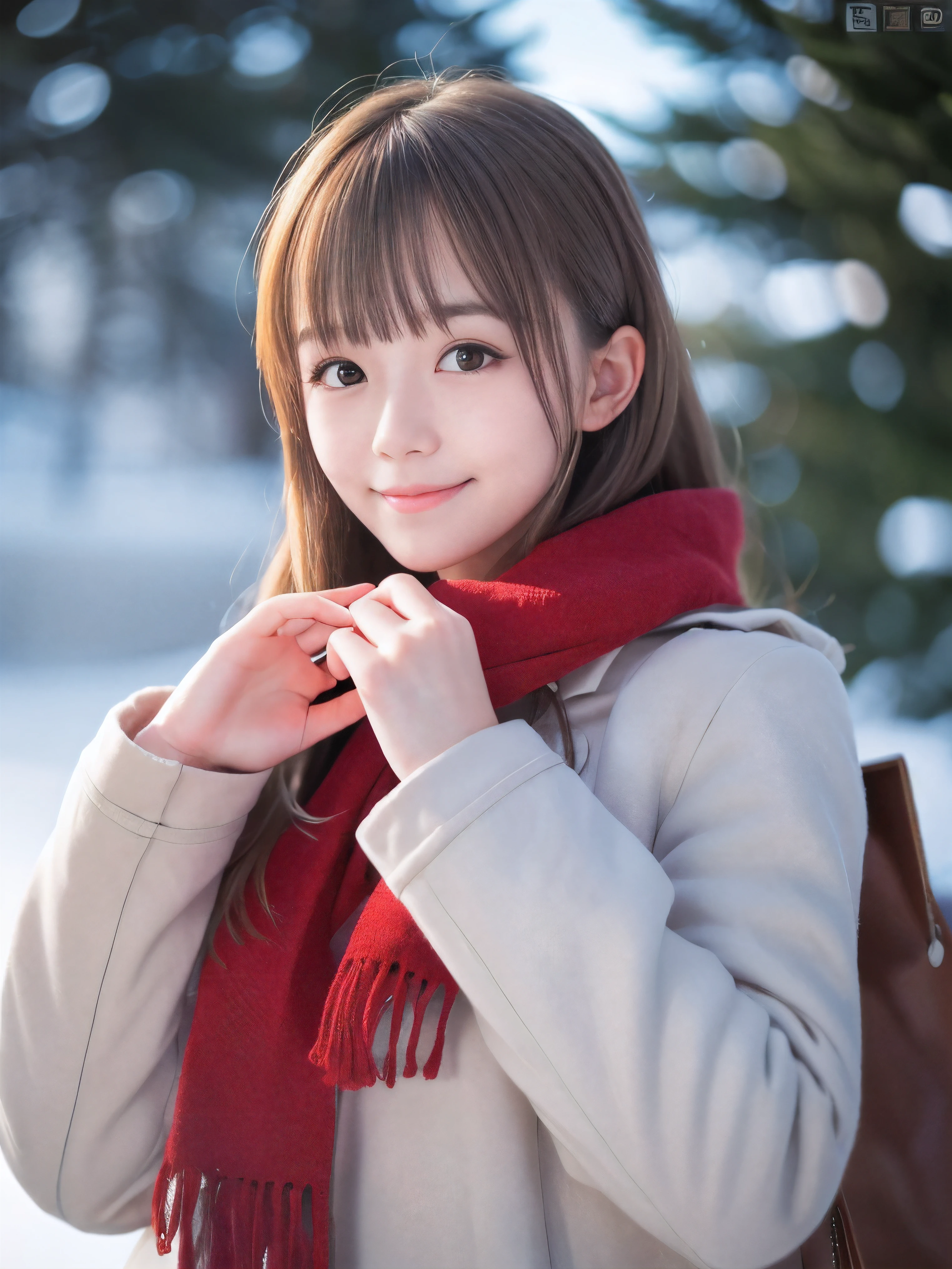 (Close-up face shot of one slender small breasts half up blonde long hair with bangs girl in a winter white long coat and red scarf:1.5)、(One blonde hair girl is holding a big gift box in arms with happy smile:1.5)、(Beautiful Christmas illumination night:1.5)、(Heavy snowing night:1.5)、(blurred background:1.5)、(Natural light:1.5)、(8k ultra detailed master piece:1.5)、(perfect anatomy:1.5)、(Photorealistic stick:1.5)、(Raw photo:1.3)、(highest quality:1.5)、(High resolution:1.3)、(Delicate and beautiful perfect face:1.3)、(Delicate and beautiful eye air skin:1.3)、(Real Human Skin:1.3)、((thin legs))