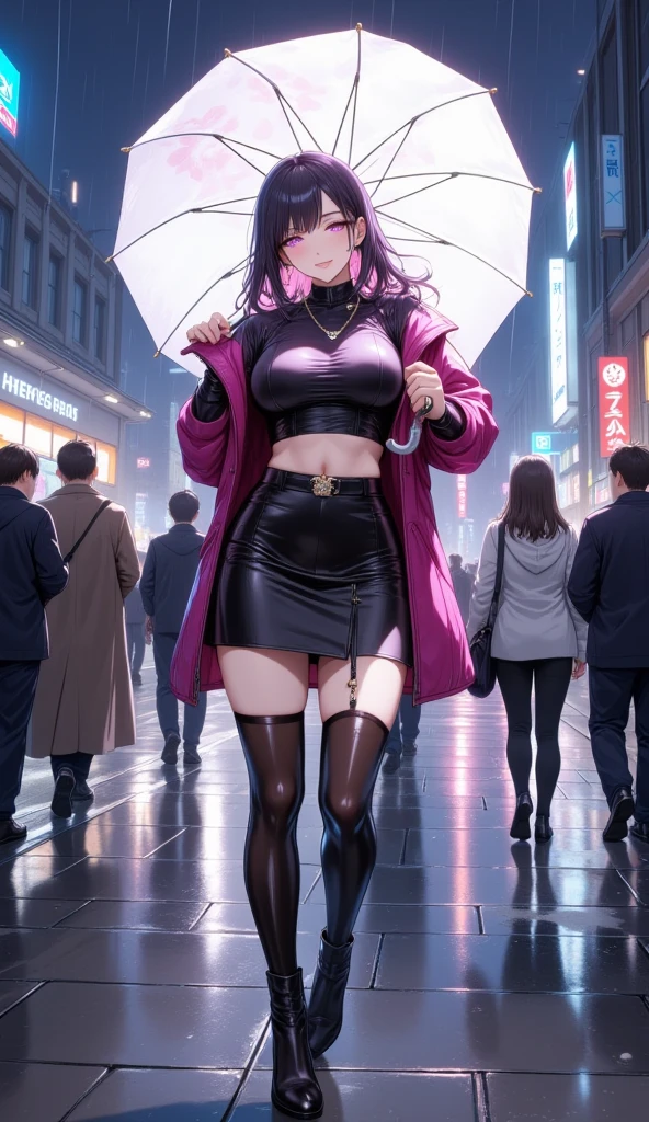 ((full body):2) (({1/female only}):1.5): {wearing futuristic all-black maid outfit extremely tight around the body with very short white skirt; (extremely large breast):1.5); looking at the spectators; ((strike erotic poses, smile):1.4); ((very short Mohawk purple hair, blue eyes):1.4)}; {Background: Bus ((crowded with male passengers):1.45) with dress clothes of different colors, different colors and hair styles, and different ethnicities}, Hyperrealism, 16k, ((best quality, high details):1.4), anatomically correct, masterpiece, UHD