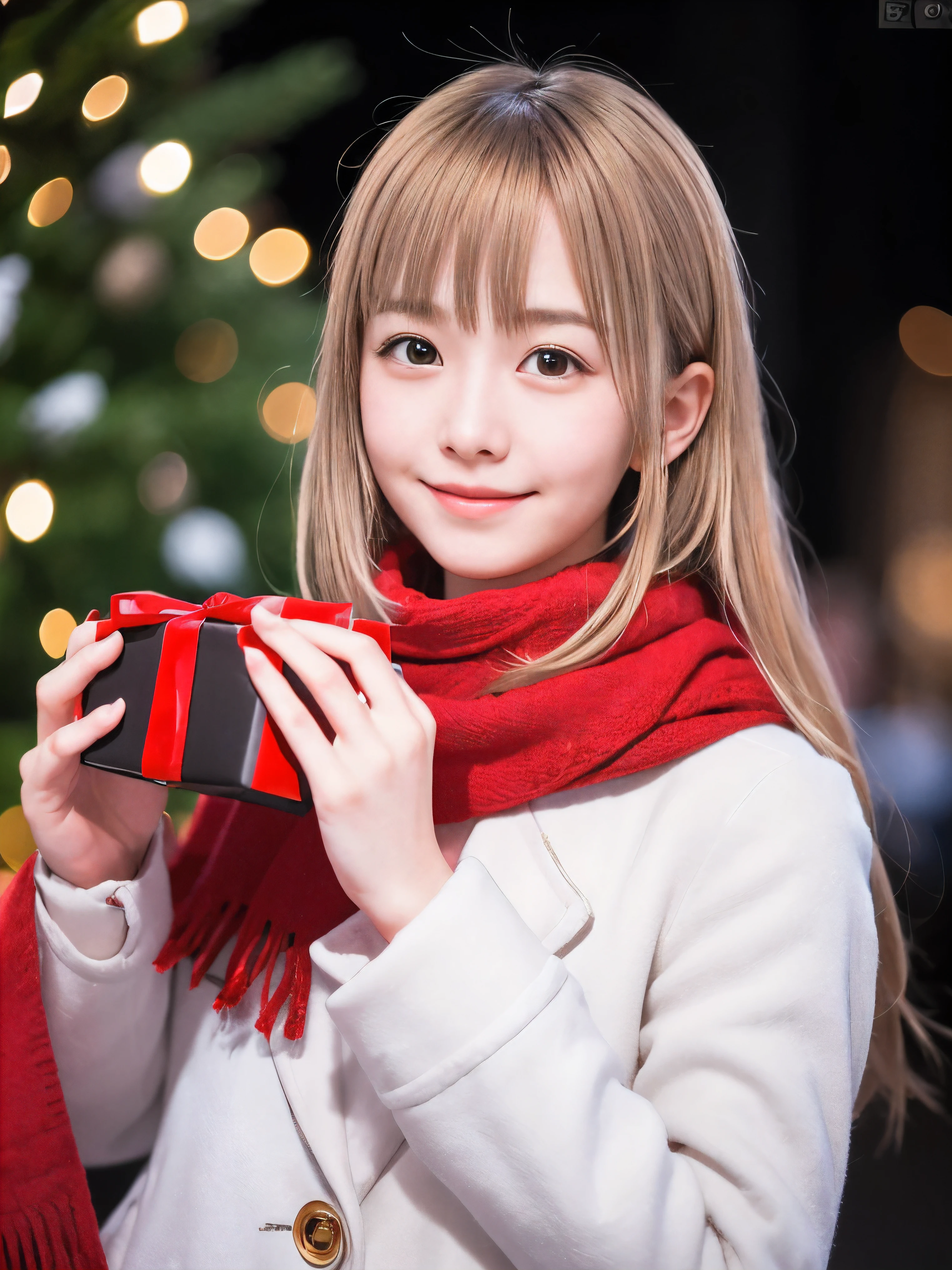 (Close-up face shot of one slender small breasts half up blonde long hair with bangs girl in a winter white long coat and red scarf:1.5)、(One blonde hair girl is holding a big gift box in arms with happy smile:1.5)、(Beautiful Christmas illumination night:1.5)、(Heavy snowing night:1.5)、(blurred background:1.5)、(Natural light:1.5)、(8k ultra detailed master piece:1.5)、(perfect anatomy:1.5)、(Photorealistic stick:1.5)、(Raw photo:1.3)、(highest quality:1.5)、(High resolution:1.3)、(Delicate and beautiful perfect face:1.3)、(Delicate and beautiful eye air skin:1.3)、(Real Human Skin:1.3)、((thin legs))