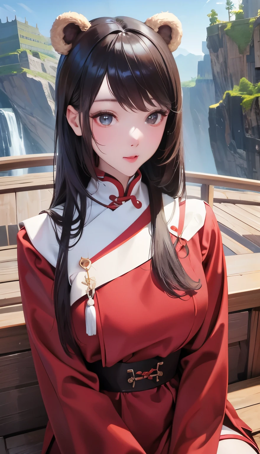 masterpiece, top quality, Novel illustrations, high res, 18+ Adult Content, Emotional, Intimate, emotional, Passionate, Romantic, Sweet, cute, Innocent, Pure, charmな, charmな, charm, mystery, charmな, charmな, Immersive, charmな, Dreamlike, surrealism, Imaginative, Fantastic, Artistic, Avant-garde, eternal, Elegant, Complex, Fashion, Complex, character, original, charmなBREAK ((Red Cliff, cute萝莉:1.3)), ((Bear outfit:1.3)),